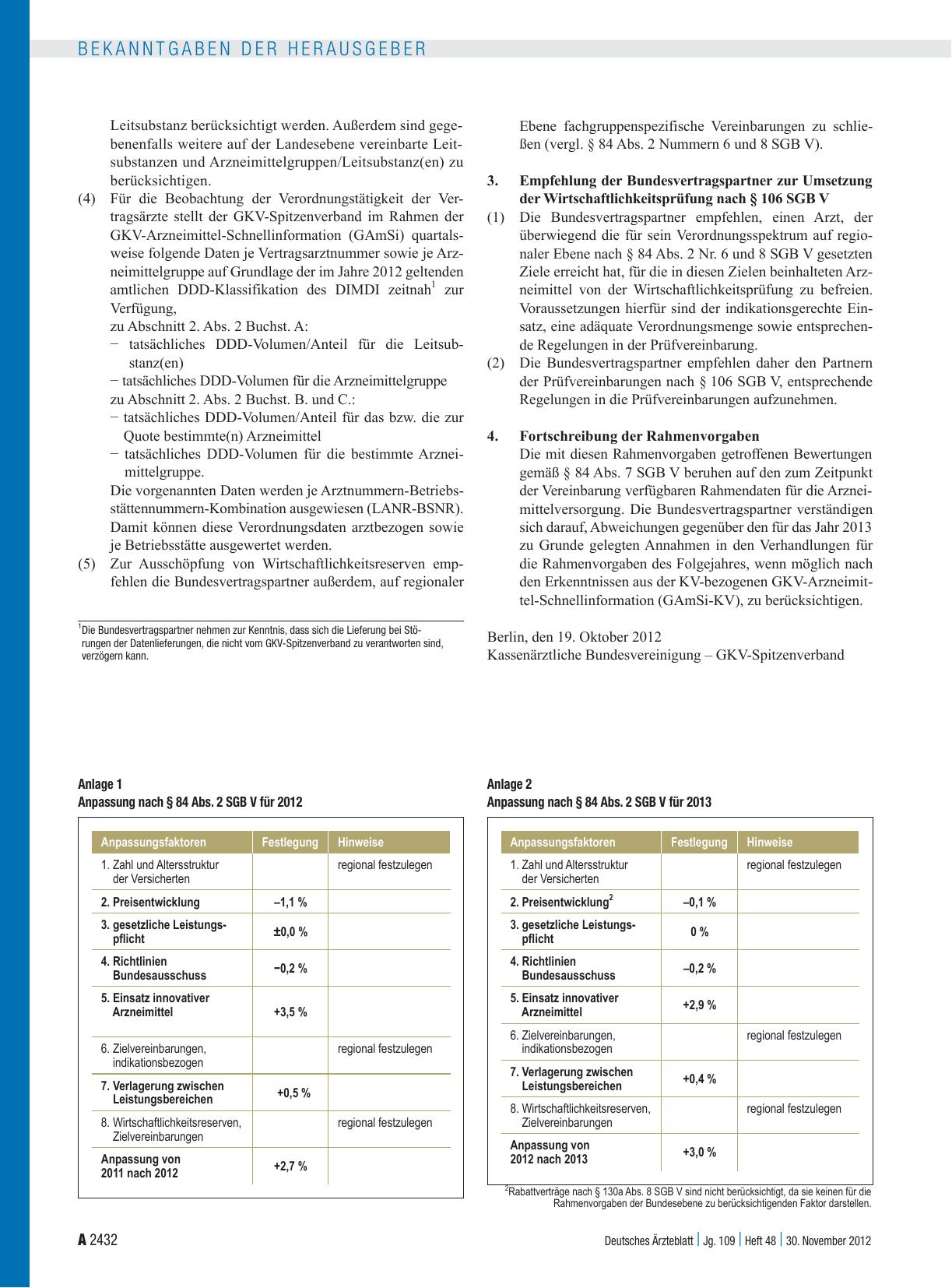 Vorschauseite 2: Rahmenvorgaben nach § 84 Abs. 7 SGB V – Arzneimittel – für das Jahr 2013 vereinbart zwischen dem Spitzenverband Bund der Krankenkassen (GKV-Spitzenverband) und der Kassenärztliche…