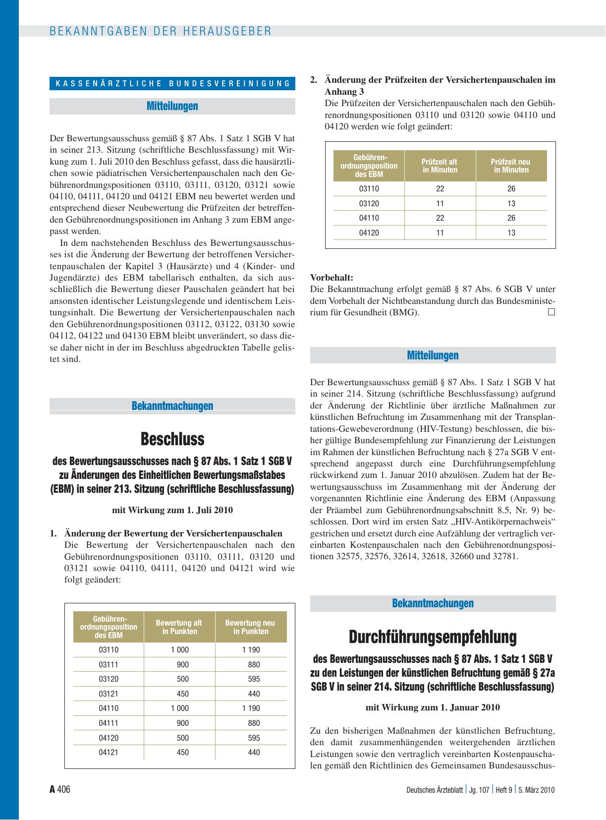Vorschauseite 1: Beschluss des Bewertungsausschusses nach § 87 Abs. 1 Satz 1 SGB V zu Änderungen des Einheitlichen Bewertungsmaßstabes (EBM) in seiner 213. Sitzung (schriftliche Beschlussfassung)…