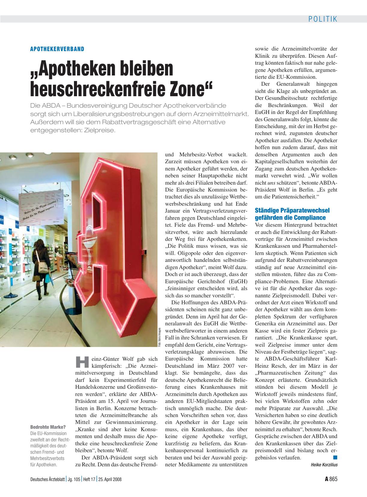 Vorschauseite 1: ApothekerVerband: „Apotheken bleiben heuschreckenfreie Zone“