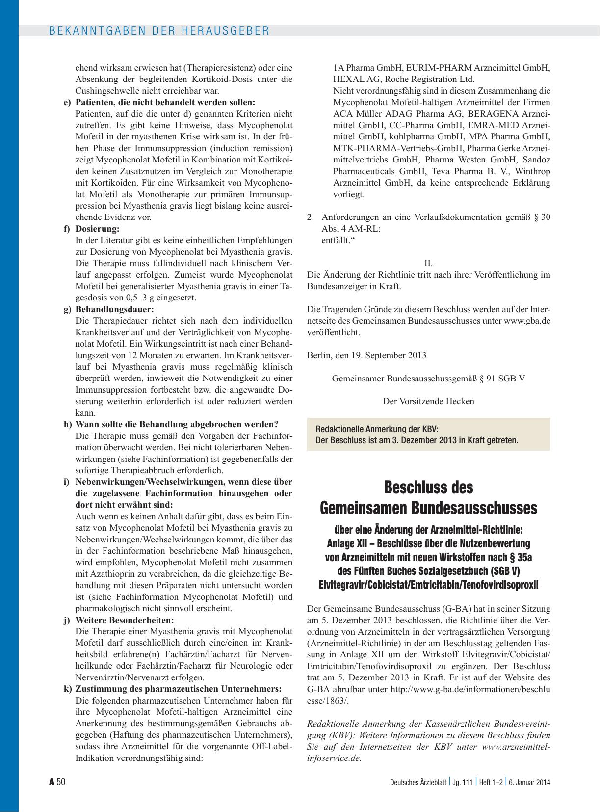 Vorschauseite 1: Beschluss des Gemeinsamen Bundesausschusses über eine Änderung der Arzneimittel-Richtlinie: Anlage XII – Beschlüsse über die Nutzenbewertung von Arzneimitteln mit neuen Wirkstoffe…