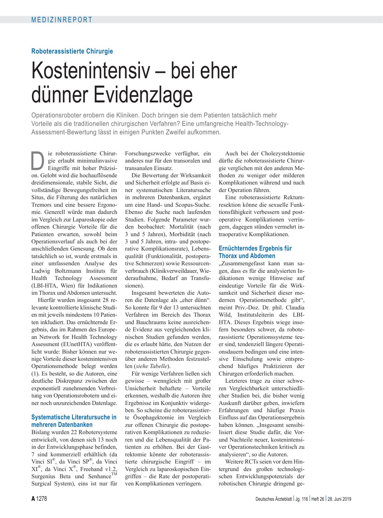 Vorschauseite 1: Roboterassistierte Chirurgie: Kostenintensiv – bei eher dünner Evidenzlage