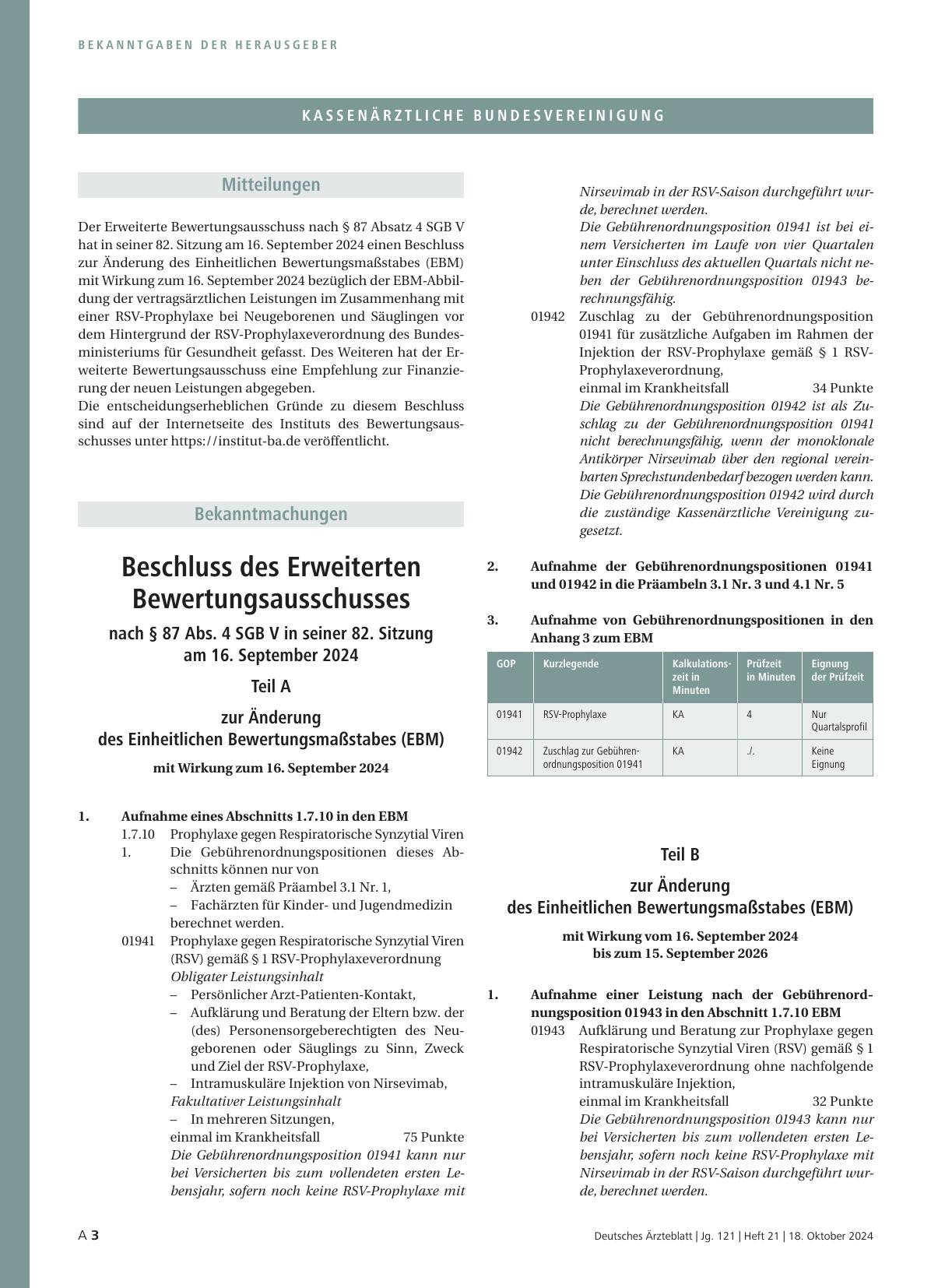 Vorschauseite 2: Beschluss des Erweiterten Bewertungsausschusses nach § 87 Abs. 4 SGB V in seiner 82. Sitzung am 16. September 2024.