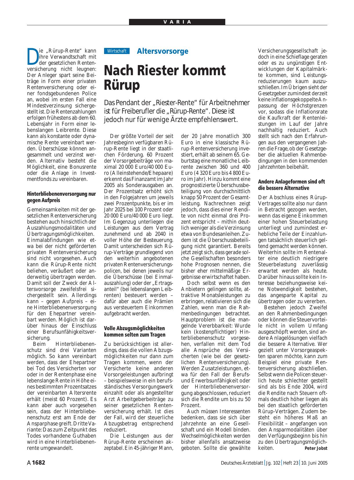 Vorschauseite 1: Altersvorsorge: Nach Riester kommt Rürup