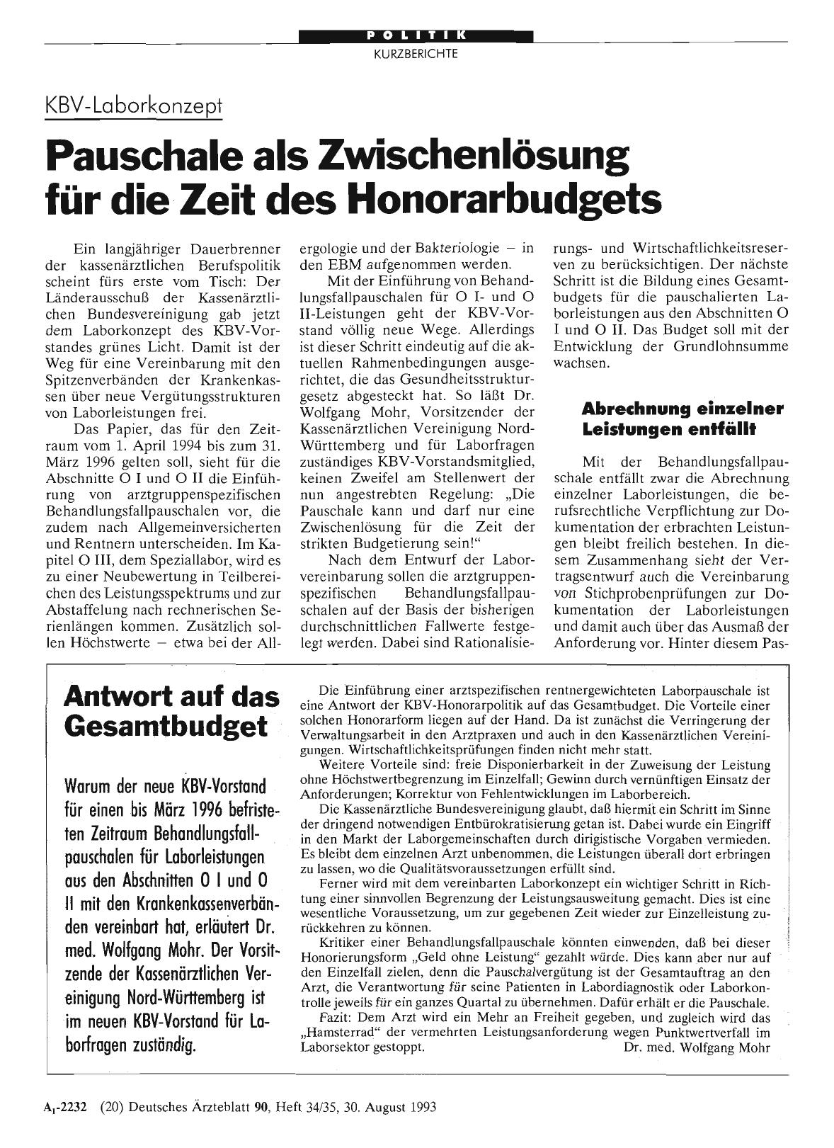 Vorschauseite 1: KBV-Laborkonzept: Pauschale als Zwischenlösung für die Zeit des Honorarbudgets