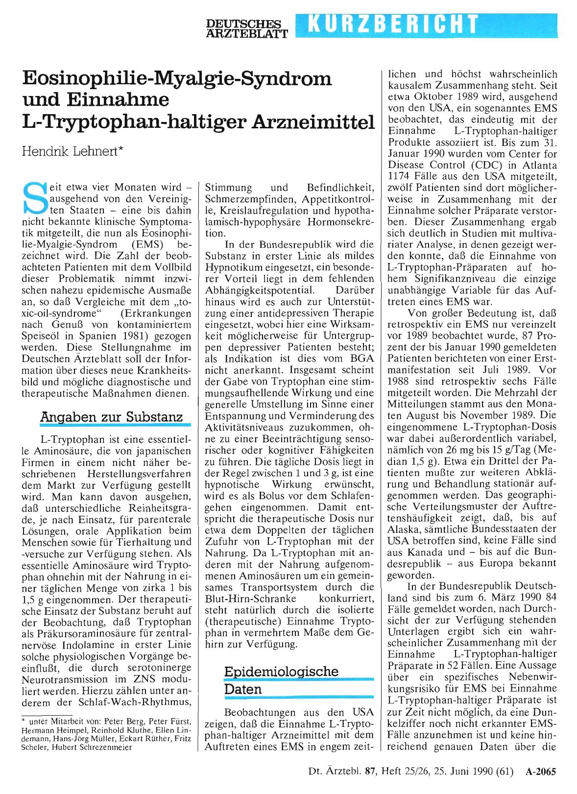 Vorschauseite 1: Eosinophilie-Myalgie-Syndrom und Einnahme L-Tryptophan-haltiger Arzneimittel