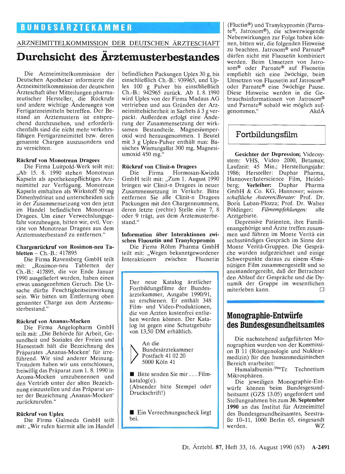 Vorschauseite 1: ARZNEIMITTELKOMMISSION DER DEUTSCHEN ÄRZTESCHAFT: Durchsicht des Ärztemusterbestan. des