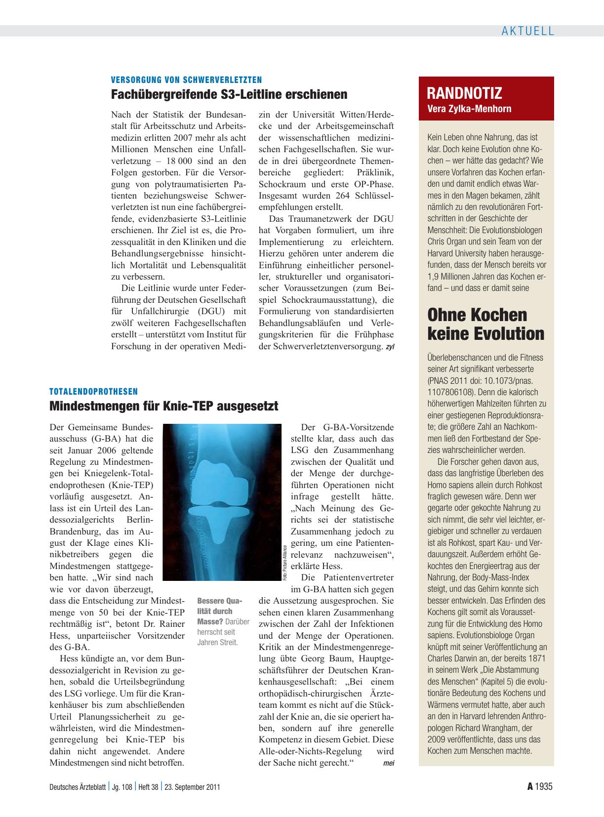 Vorschauseite 1: Totalendoprothesen: Mindestmengen für Knie-TEP ausgesetzt