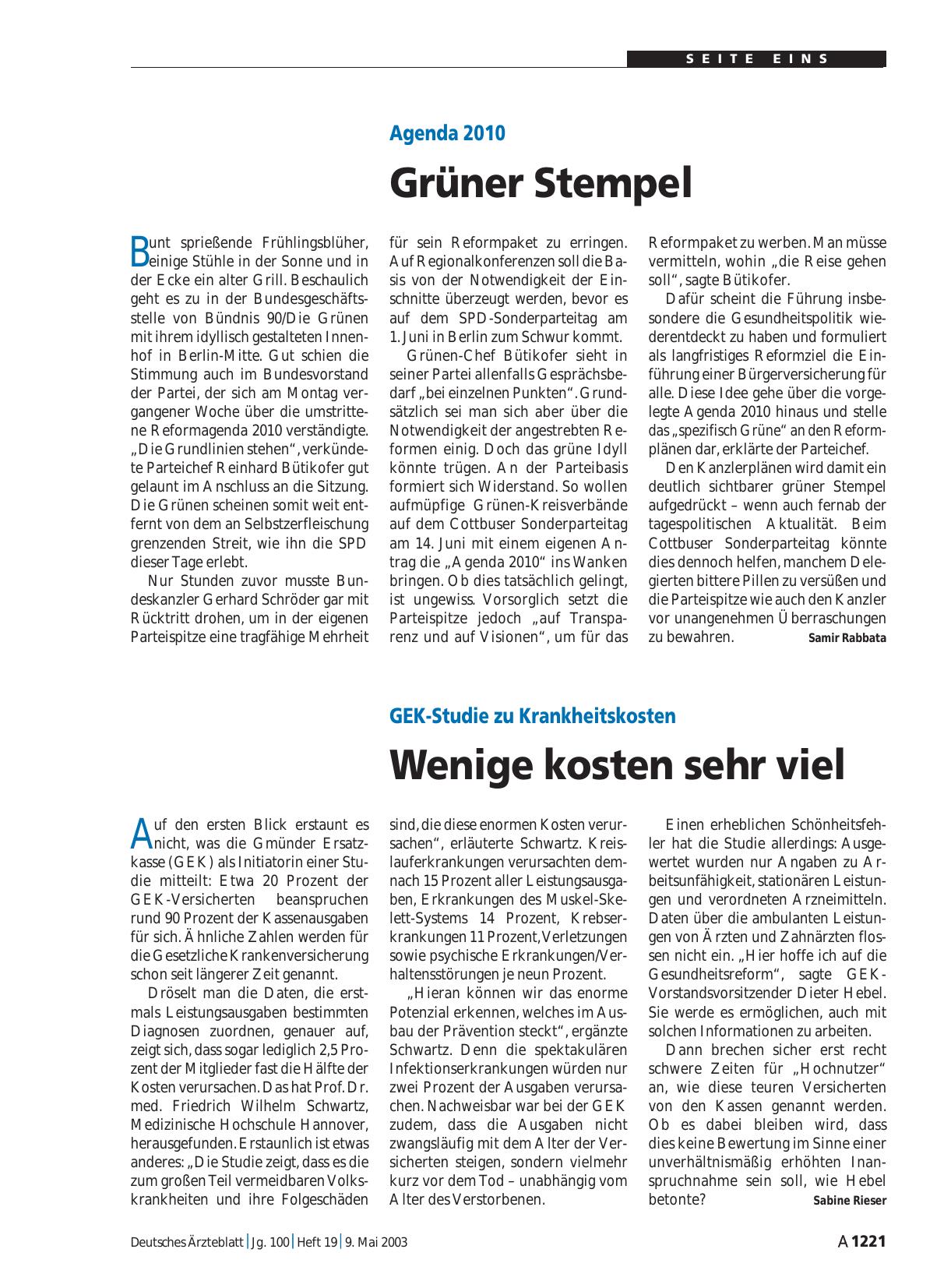 Vorschauseite 1: Agenda 2010: Grüner Stempel