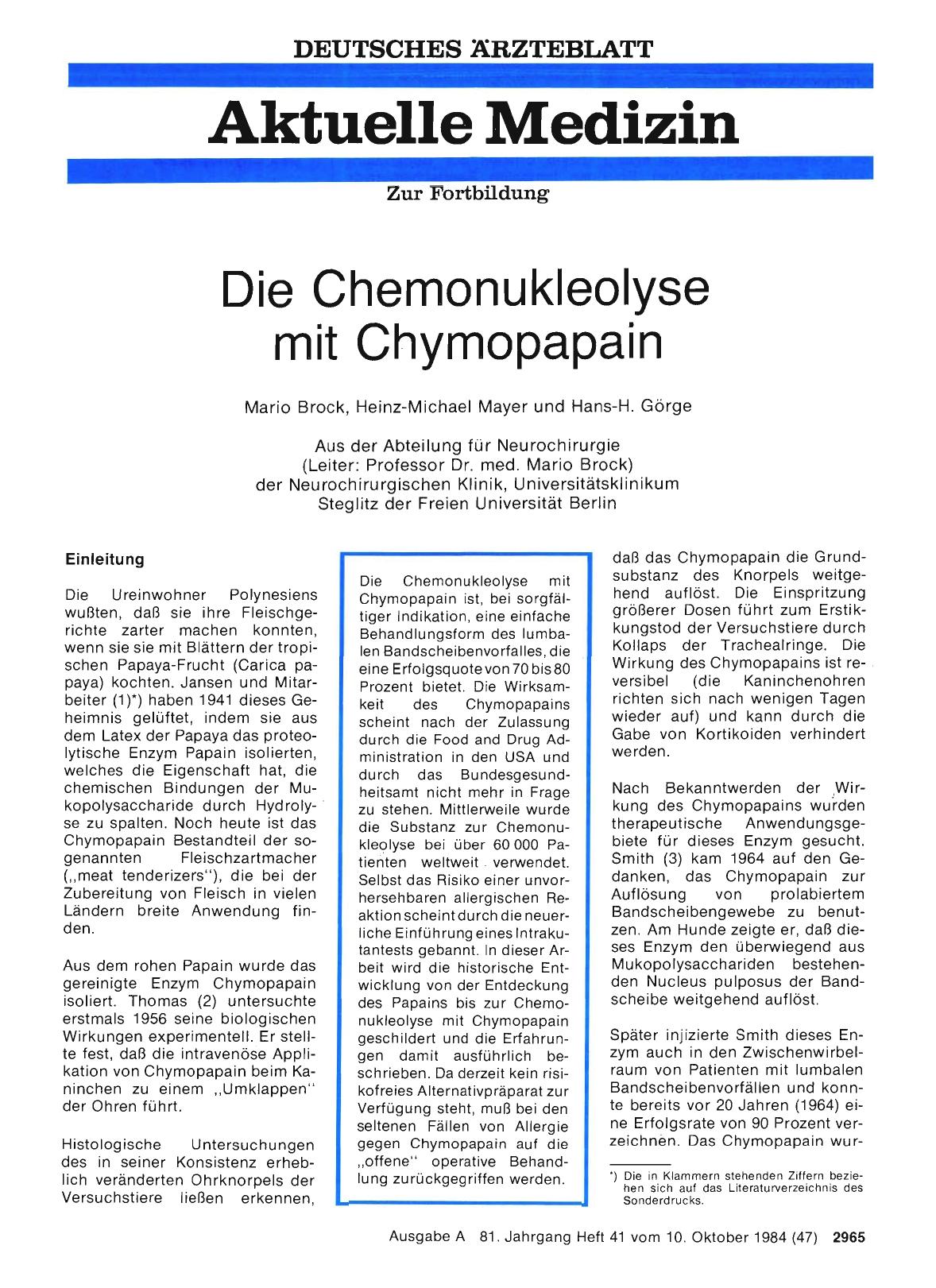Vorschauseite 1: Die Chemonukleolyse mit Chymopapain