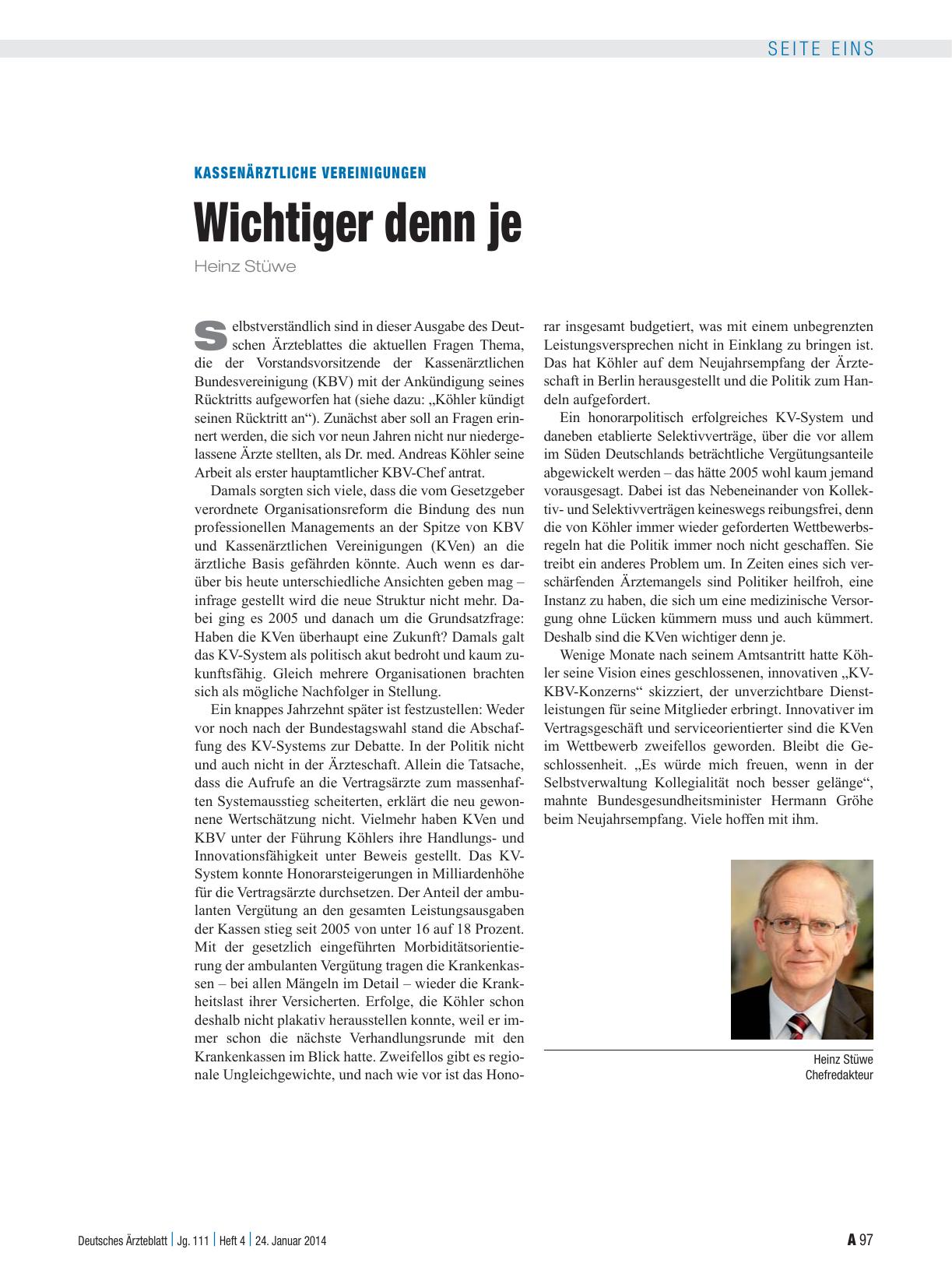 Vorschauseite 1: Kassenärztliche Vereinigungen: Wichtiger denn je