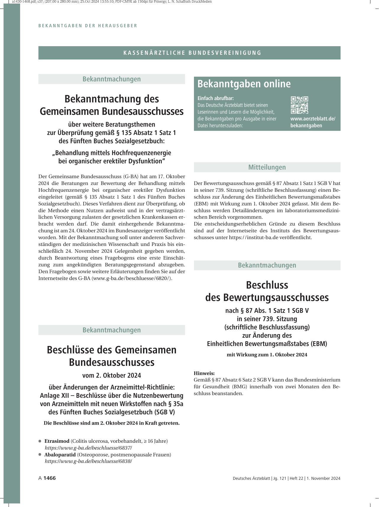 Vorschauseite 1: Beschlüsse des Gemeinsamen Bundesausschusses vom 2. Oktober 2024 über Änderungen der Arzneimittel-Richtlinie: Anlage XII – Beschlüsse über die Nutzenbewertung von Arzneimitteln mi…
