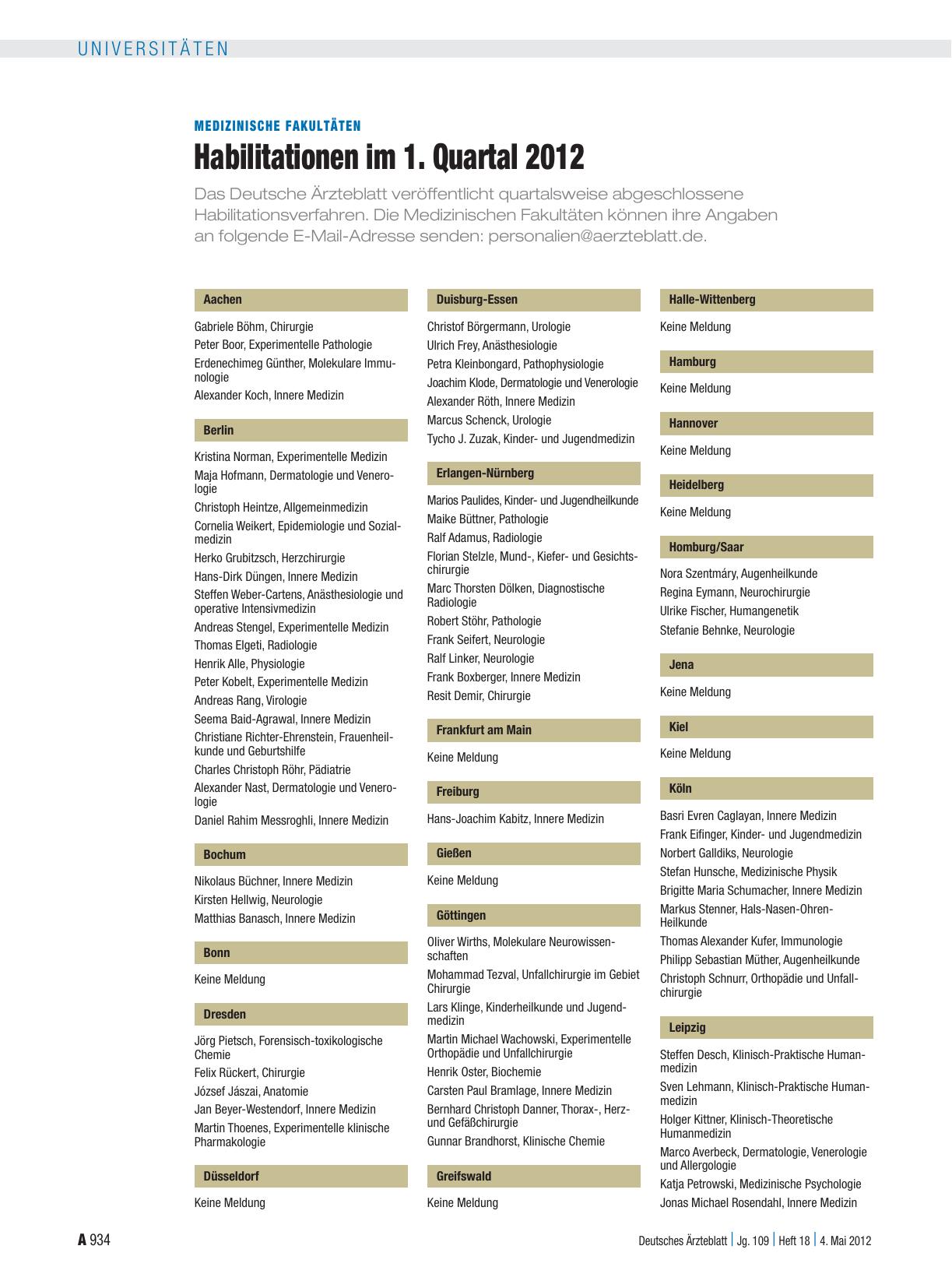 Vorschauseite 1: Medizinische Fakultäten: Habilitationen im 1. Quartal 2012