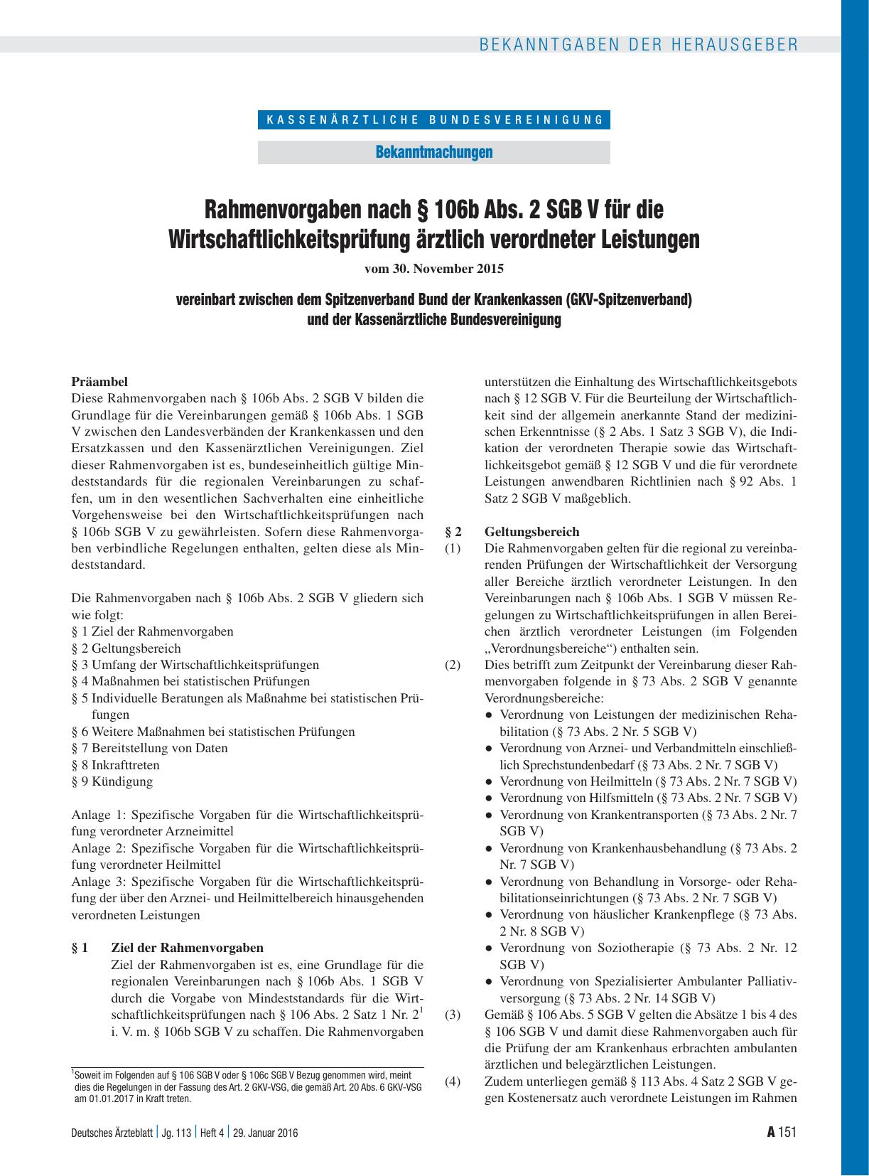 Vorschauseite 1: Rahmenvorgaben nach § 106b Abs. 2 SGB V für die Wirtschaftlichkeitsprüfung ärztlich verordneter Leistungen vereinbart zwischen dem Spitzenverband Bund der Krankenkassen (GKV-Spitz…
