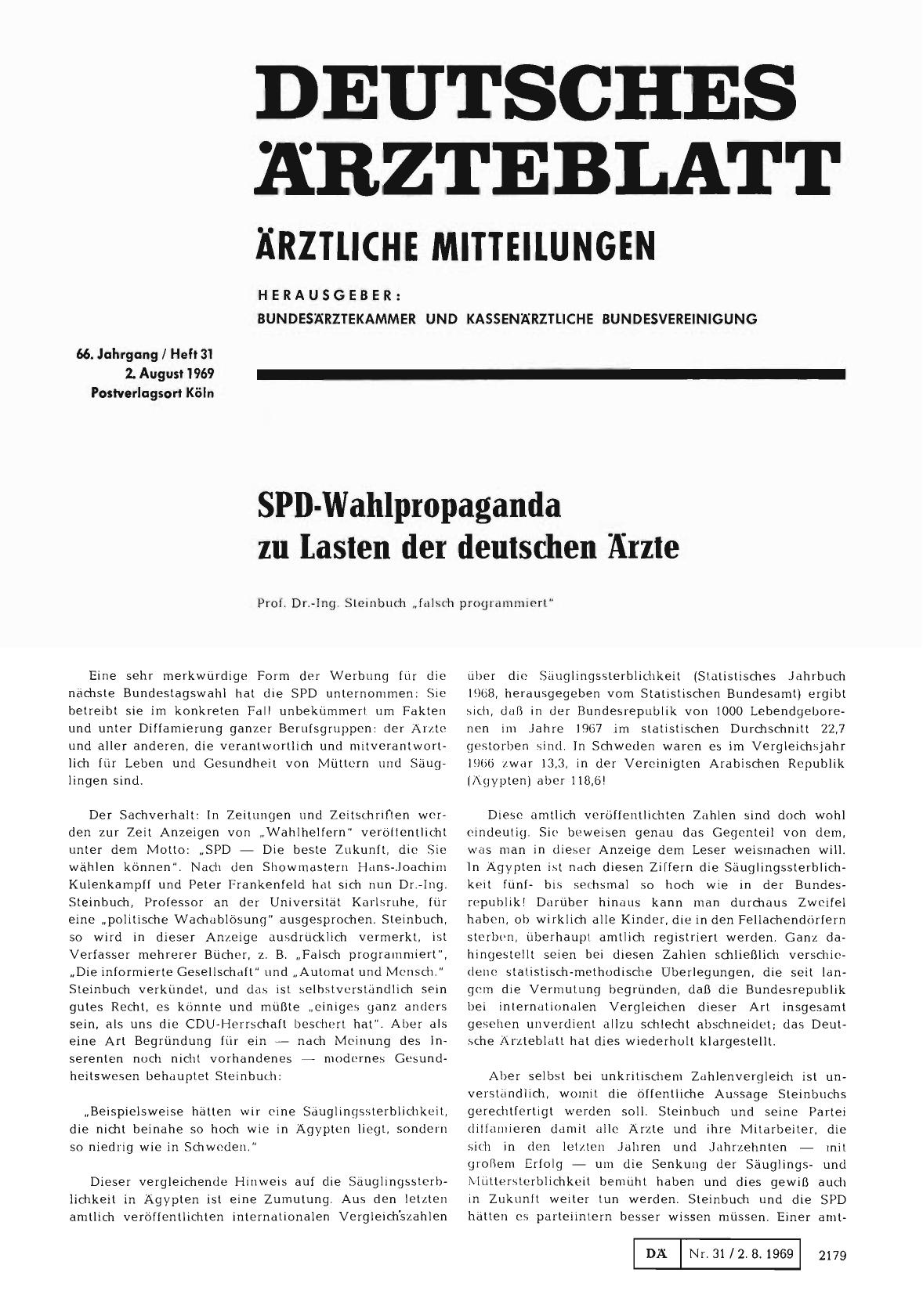 Vorschauseite 1: SPD-Wahlpropaganda zu Lasten der deutschen Ärzte