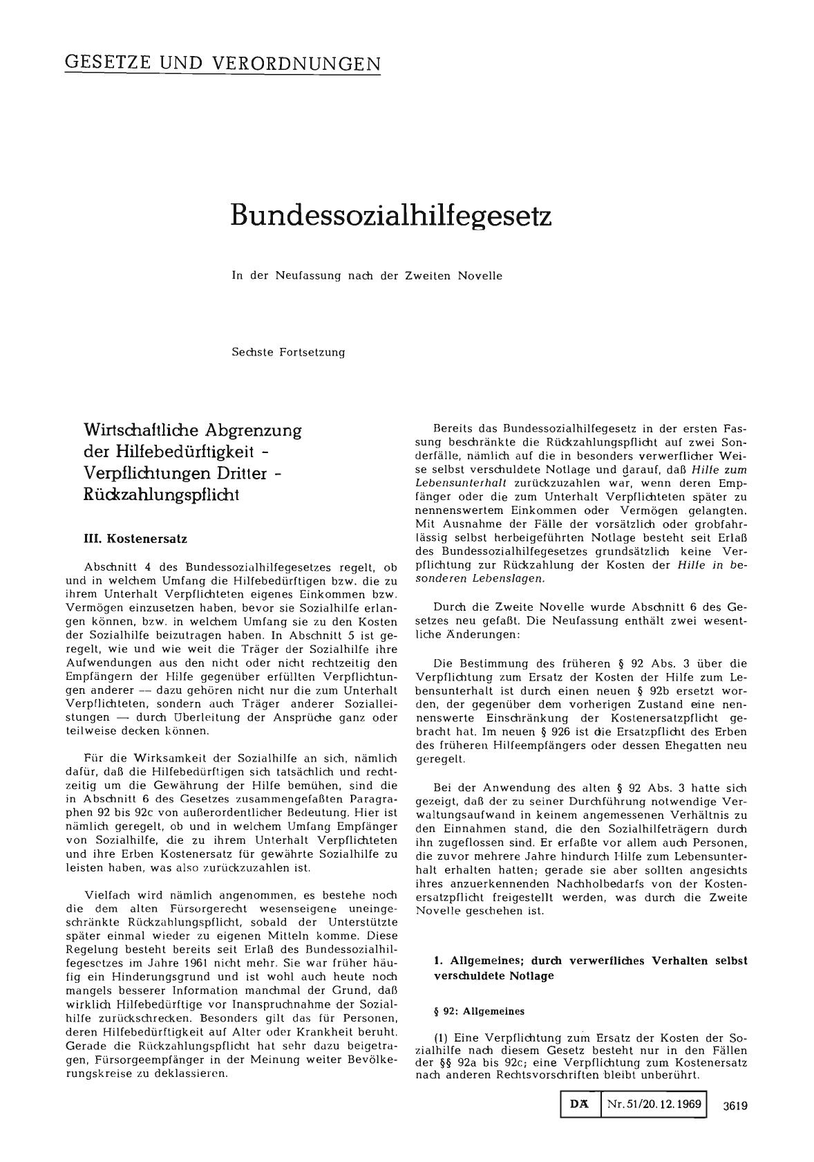 Vorschauseite 1: Bundessozialhilfegesetz: In der Neufassung nach der Zweiten Novelle (Sechste Fortsetzung)