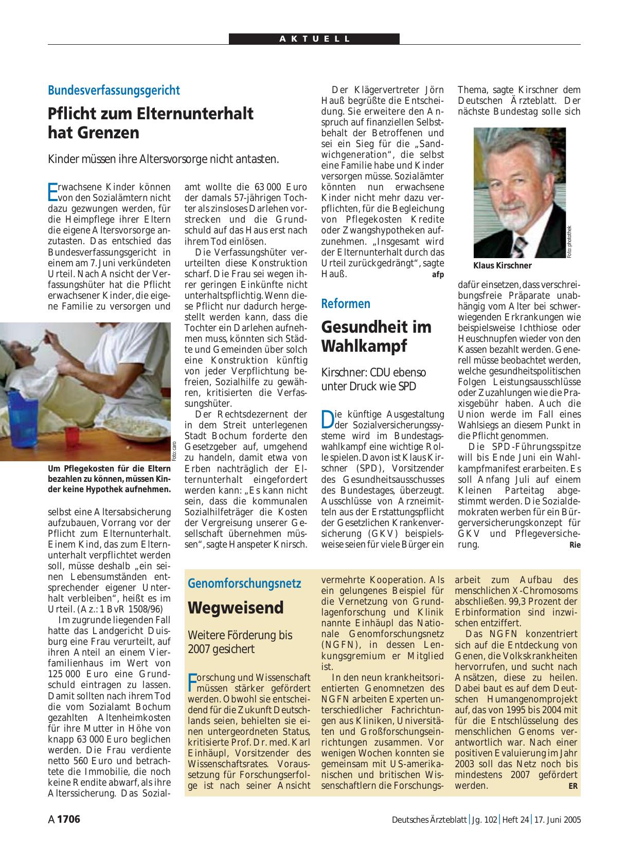 Vorschauseite 1: Bundesverfassungsgericht: Pflicht zum Elternunterhalt hat Grenzen
