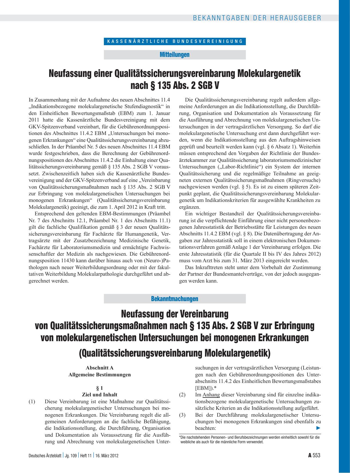 Vorschauseite 1: Neufassung einer Qualitätssicherungsvereinbarung Molekulargenetik nach § 135 Abs. 2 SGB V