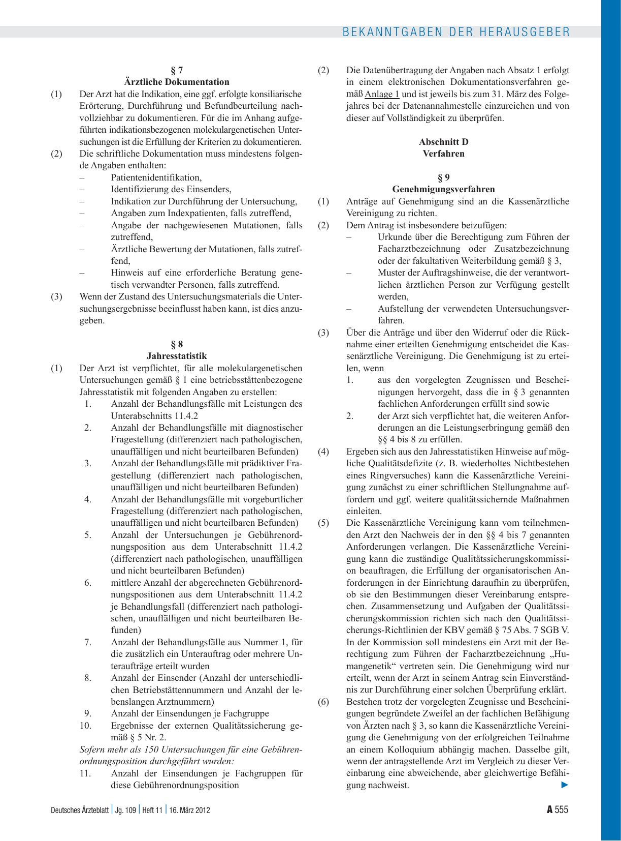 Vorschauseite 3: Neufassung einer Qualitätssicherungsvereinbarung Molekulargenetik nach § 135 Abs. 2 SGB V