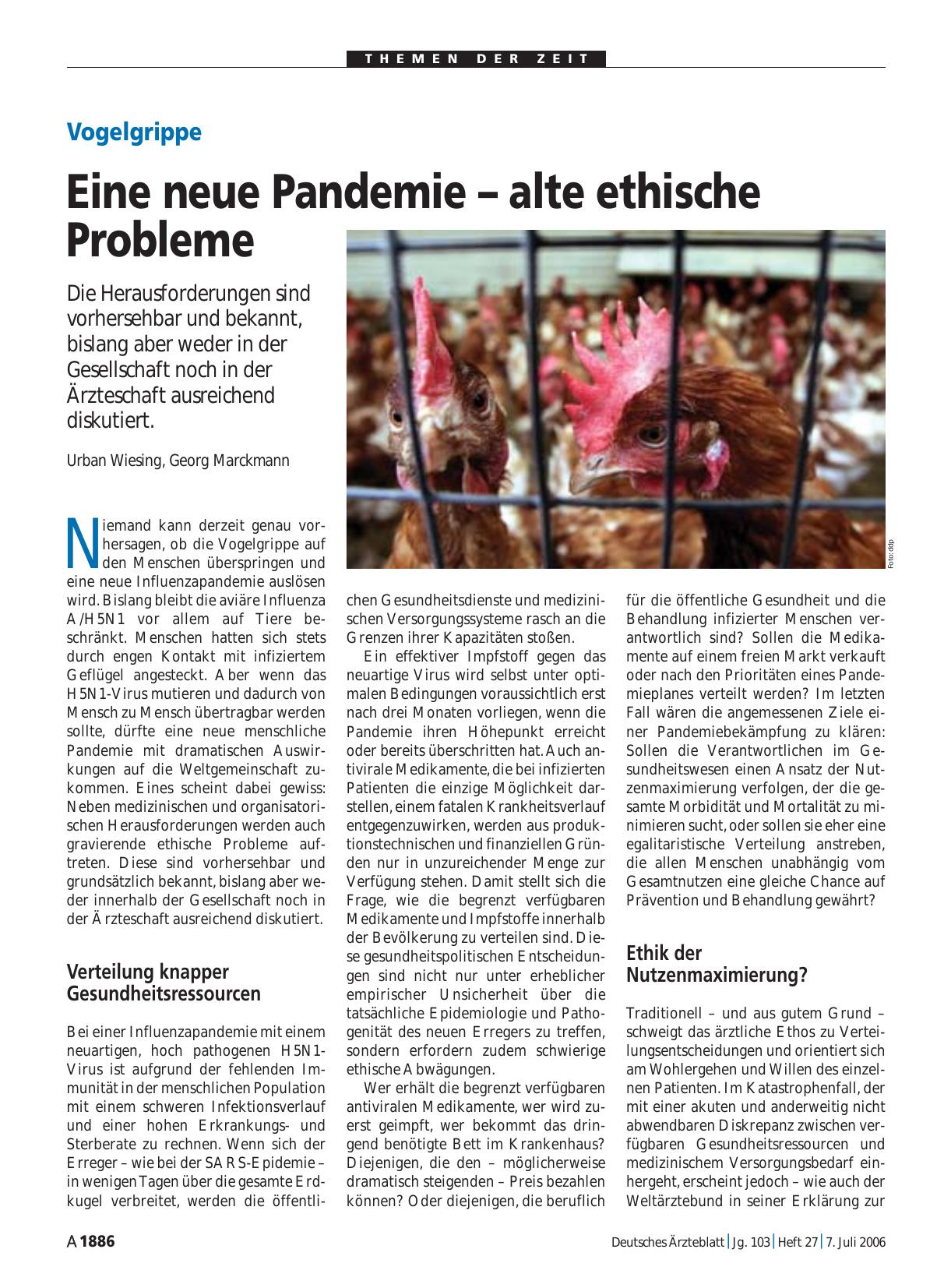 Vorschauseite 1: Vogelgrippe: Eine neue Pandemie – alte ethische Probleme