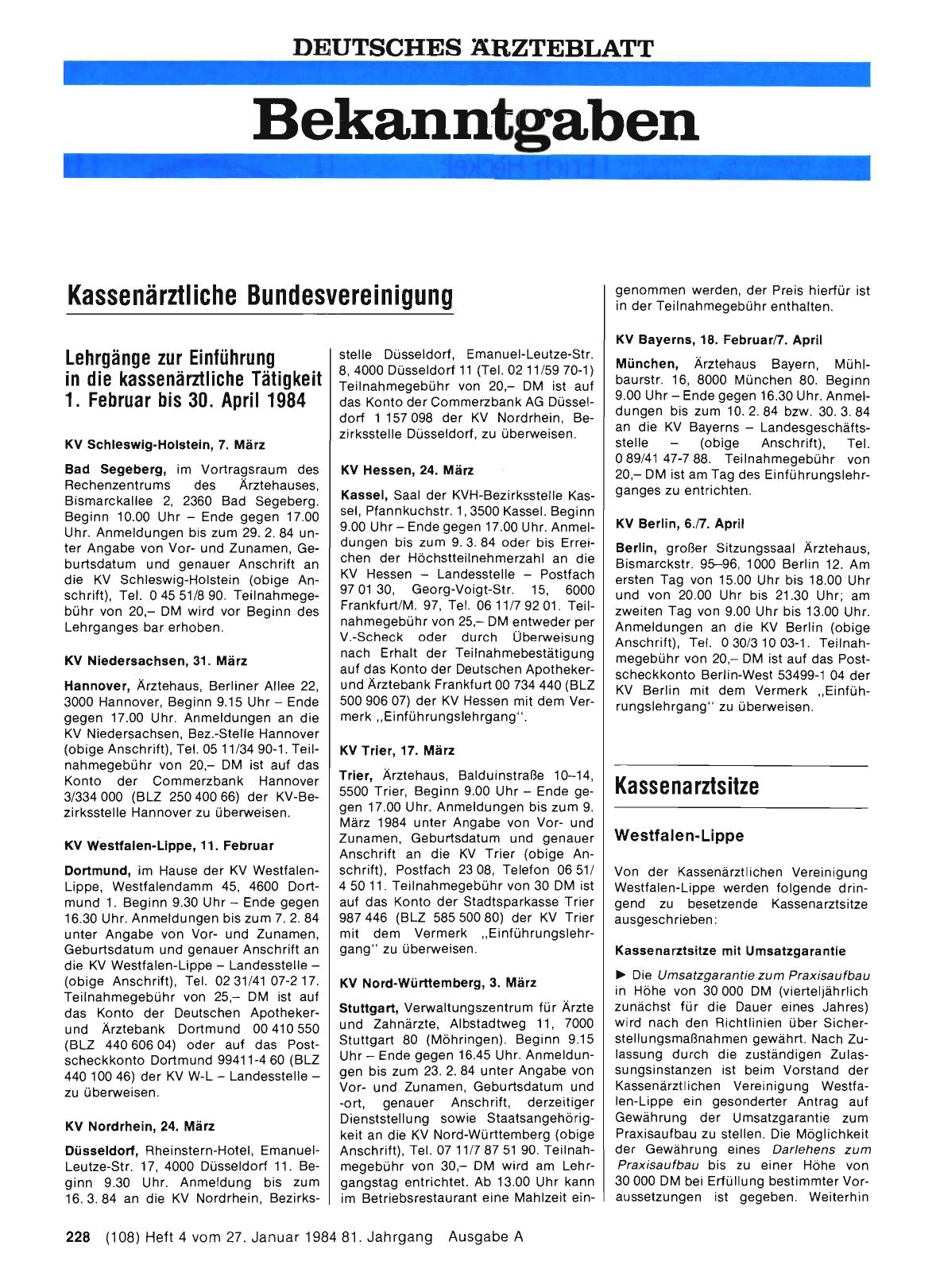 Vorschauseite 1: Lehrgänge zur Einführung in die kassenärztliche Tätigkeit 1. Februar bis 30. April 1984
