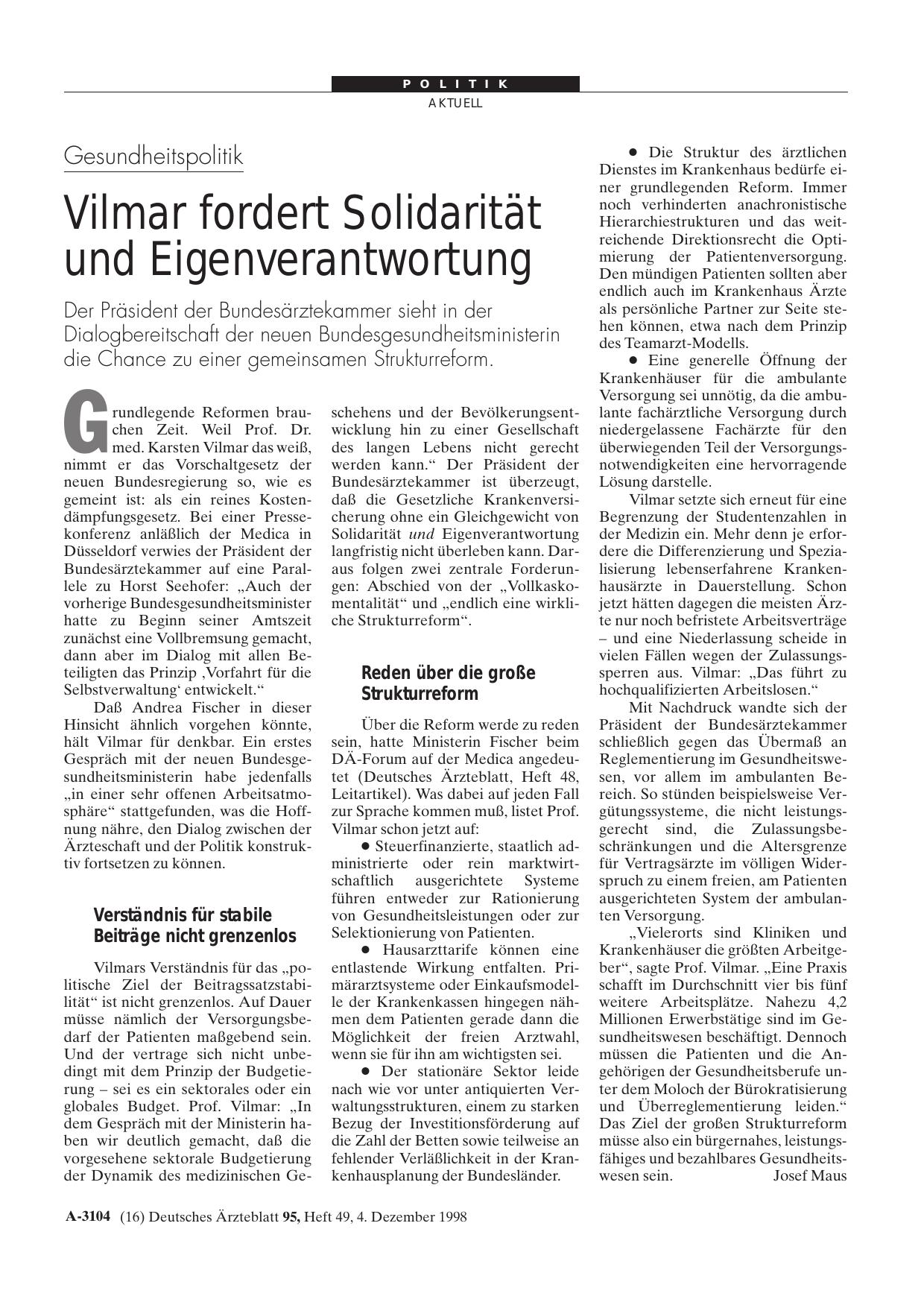 Vorschauseite 1: Gesundheitspolitik: Vilmar fordert Solidarität und Eigenverantwortung