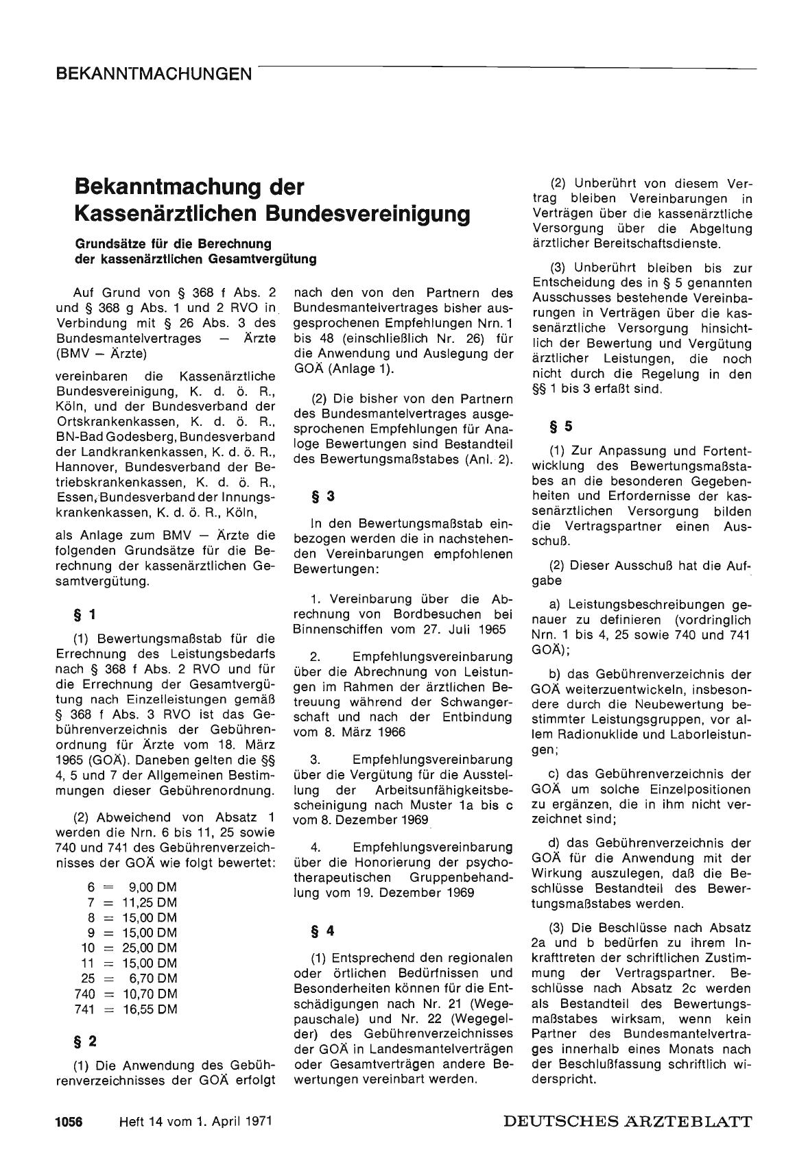 Vorschauseite 1: Bekanntmachung der Kassenärztlichen Bundesvereinigung: Grundsätze für die Berechnung der kassenärztlichen Gesamtvergütung