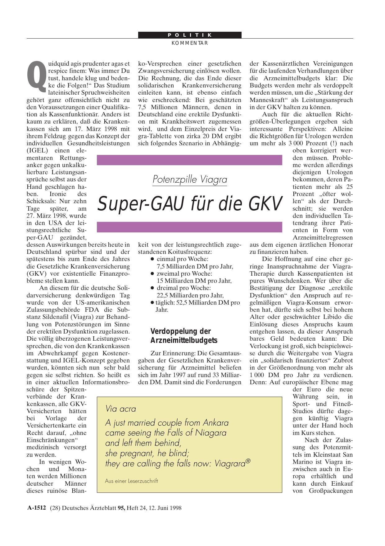 Vorschauseite 1: Potenzpille Viagra: Super-GAU für die GKV
