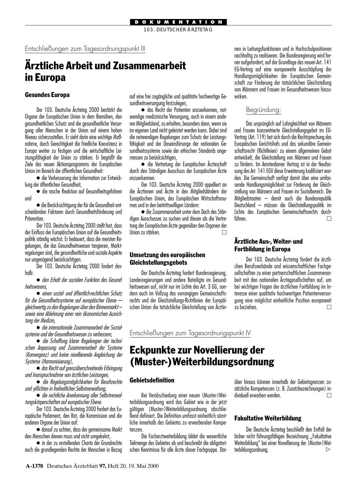 Vorschauseite 1: Entschließungen zum Tagesordnungspunkt III: Ärztliche Arbeit und Zusammenarbeit in Europa