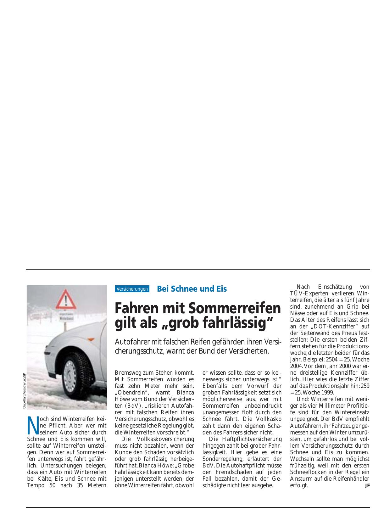 Vorschauseite 1: Bei Schnee und Eis: Fahren mit Sommerreifen gilt als „grob fahrlässig“