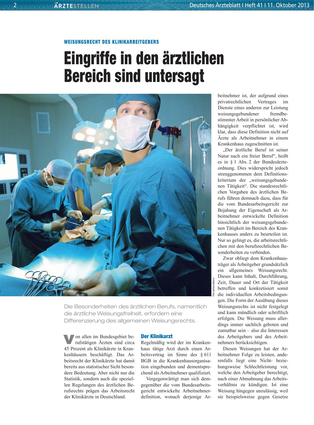 Vorschauseite 1: Weisungsrecht des Klinikarbeitgebers: Eingriffe in den ärztlichen Bereich sind untersagt