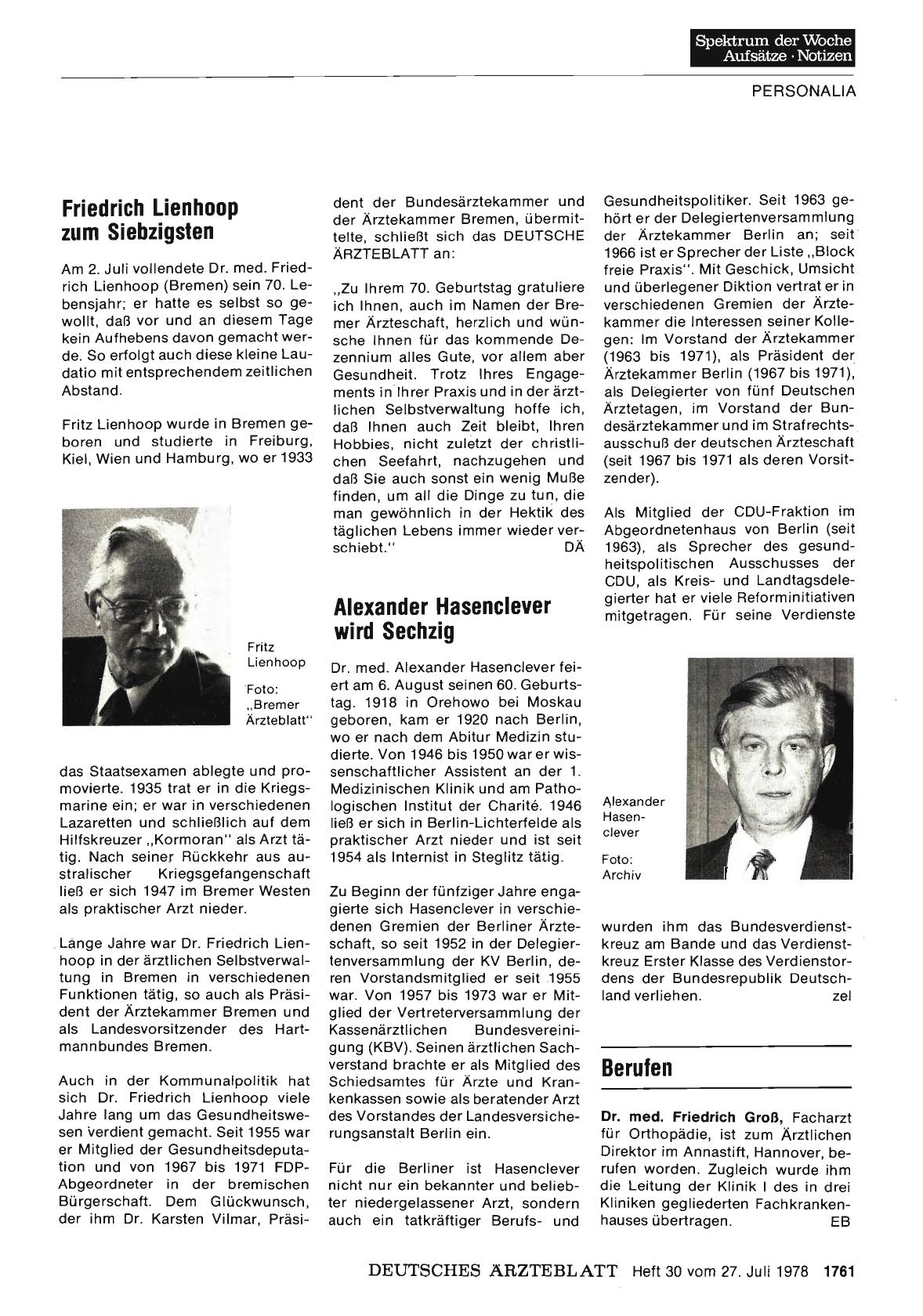 Vorschauseite 1: Friedrich Lienhoop zum Siebzigsten