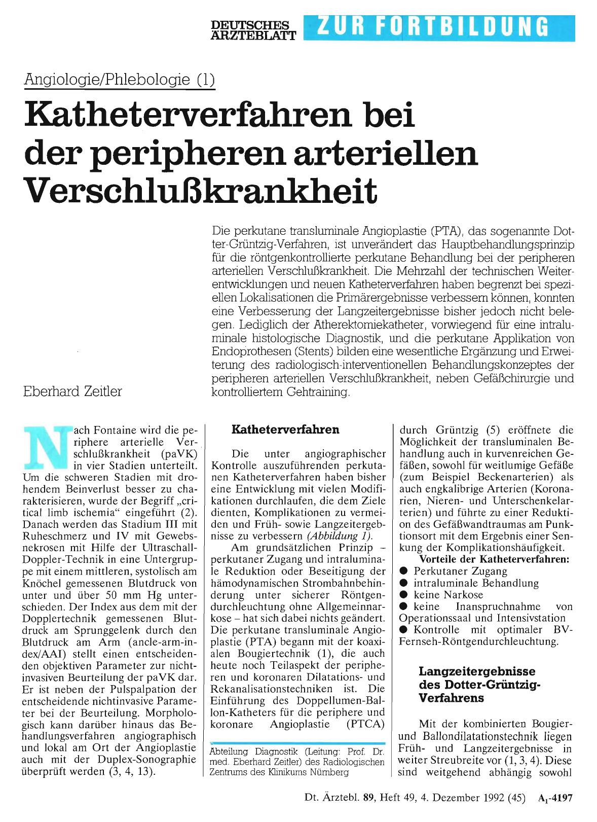 Vorschauseite 1: Angiologie/Phlebologie (1): Katheterverfahren bei der peripheren arteriellen Verschlußkrankheit