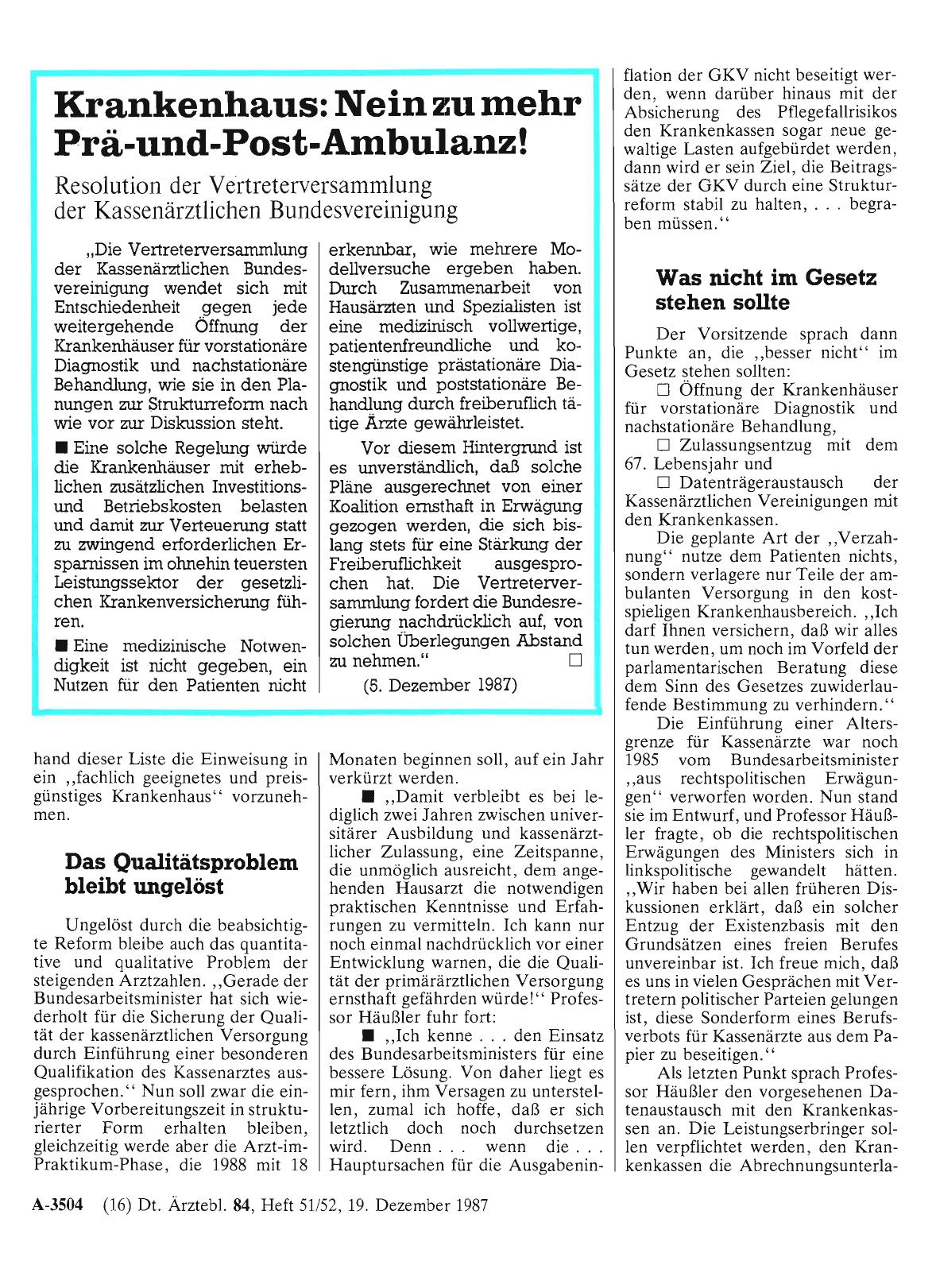 Vorschauseite 1: Krankenhaus: Nein zu mehr Prä-und-Post-Ambulanz! Resolution der Vertreterversammlung der Kassenärztlichen Bundesvereinigung
