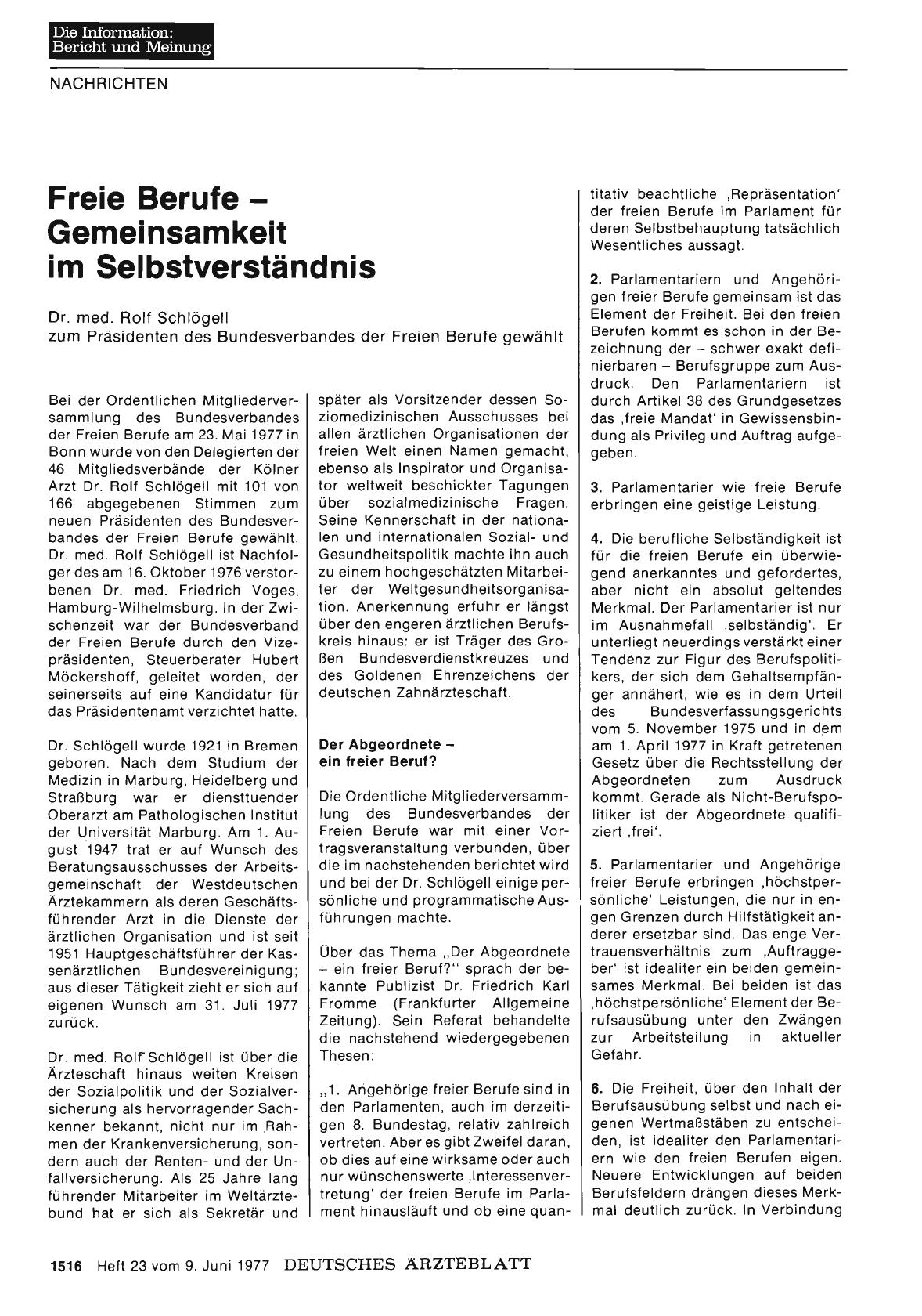 Vorschauseite 1: Freie Berufe - Gemeinsamkeit im Selbstverständnis