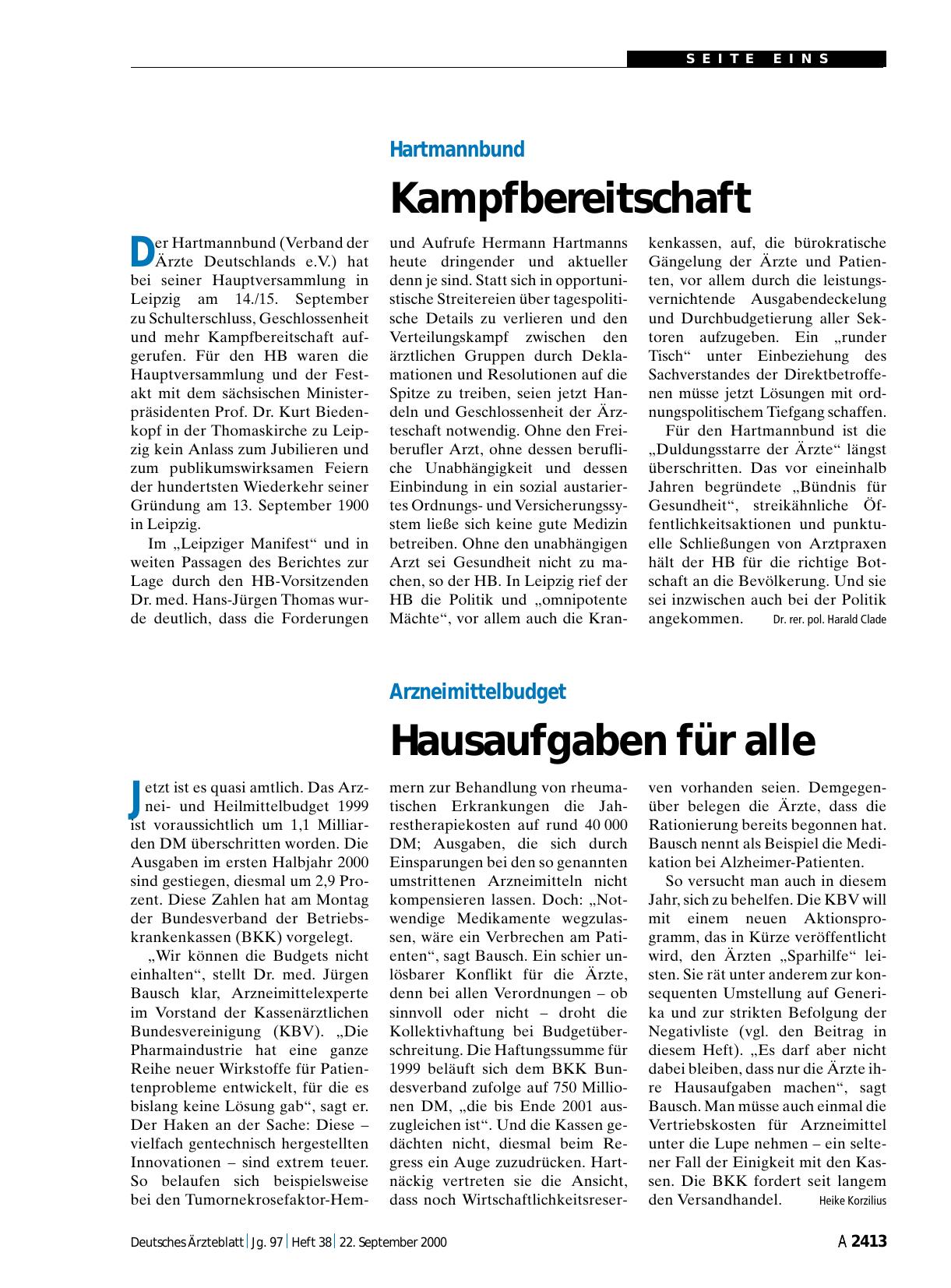 Vorschauseite 1: Hartmannbund: Kampfbereitschaft