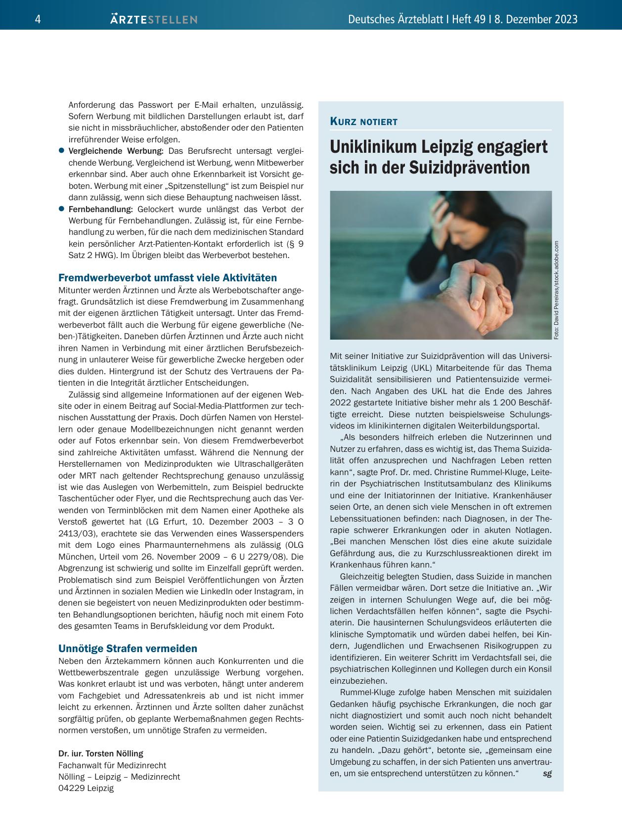 Vorschauseite 1: Uniklinikum Leipzig engagiert sich in der Suizidprävention
