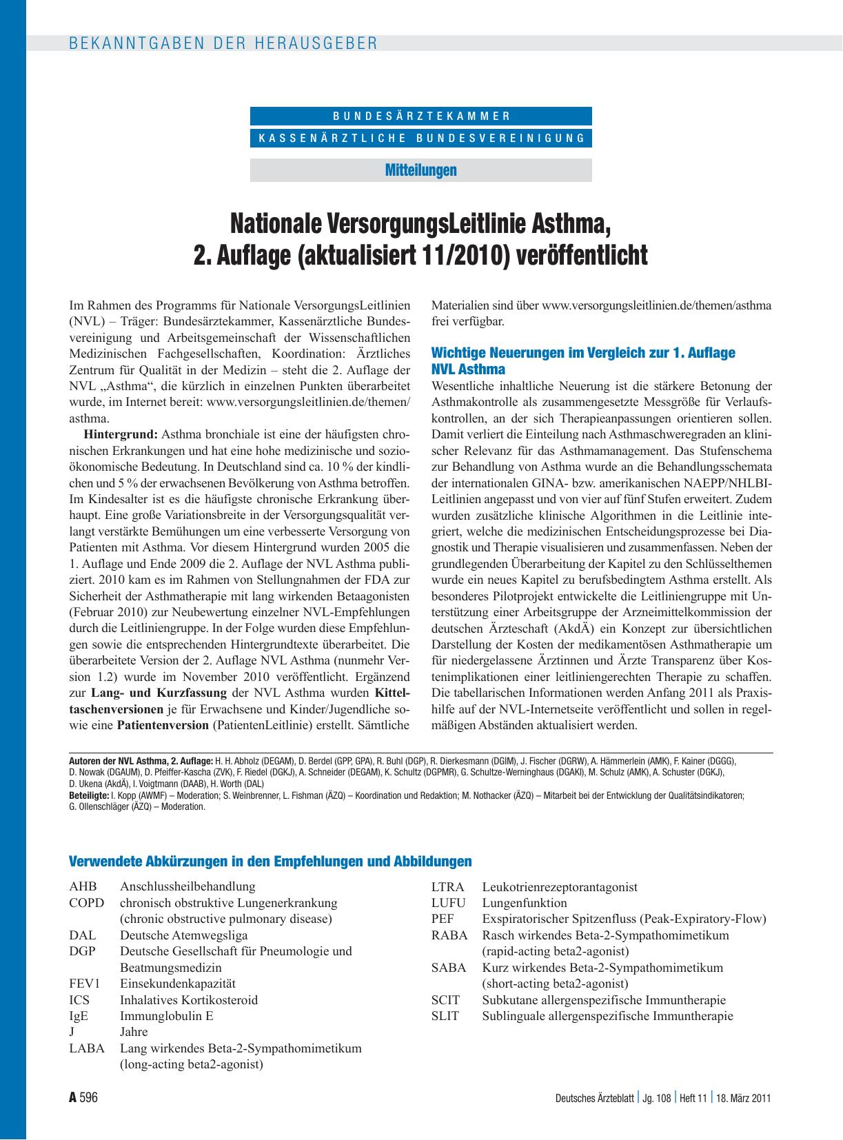 Vorschauseite 1: Nationale VersorgungsLeitlinie Asthma, 2. Auflage (aktualisiert 11/2010) veröffentlicht