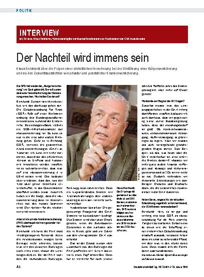 Vorschauseite 1: Interview mit Dr. med. Klaus Reinhardt, Vorstandsmitglied der Bundesärztekammer und Vorsitzender des GOÄ-Ausschusses: Der Nachteil wird immens sein