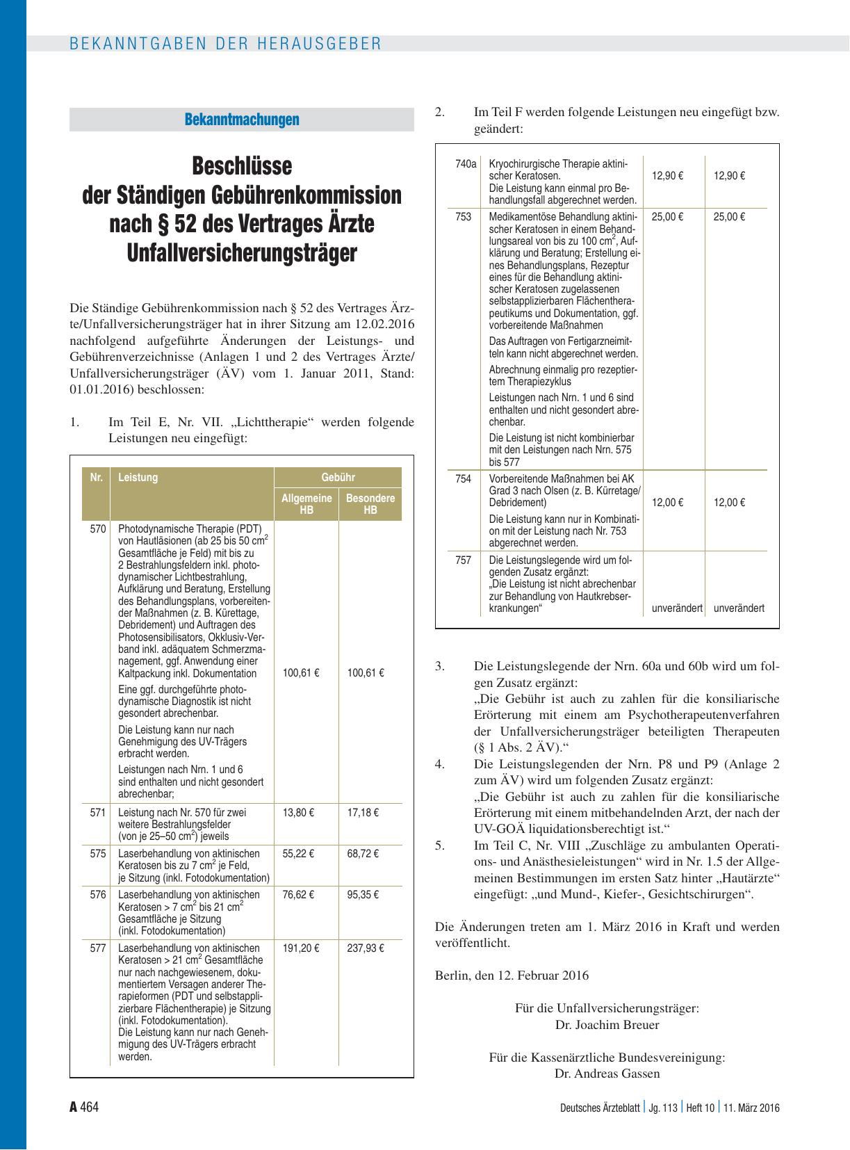 Vorschauseite 1: Beschlüsse der Ständigen Gebührenkommission nach § 52 des Vertrages Ärzte Unfallversicherungsträger