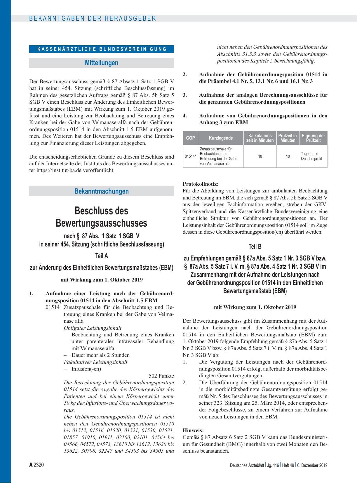 Vorschauseite 1: Beschluss des Bewertungsausschusses nach § 87 Abs. 1 Satz 1 SGB V in seiner 454. Sitzung: Teil A, Teil B