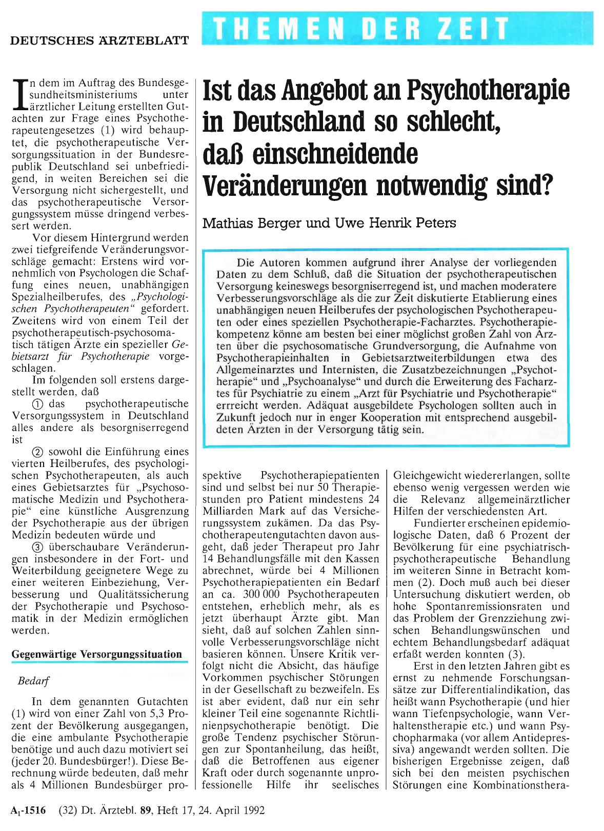 Vorschauseite 1: Ist das Angebot an Psychotherapie in Deutschland so schlecht, daß einschneidende Veränderungen notwendig sind?