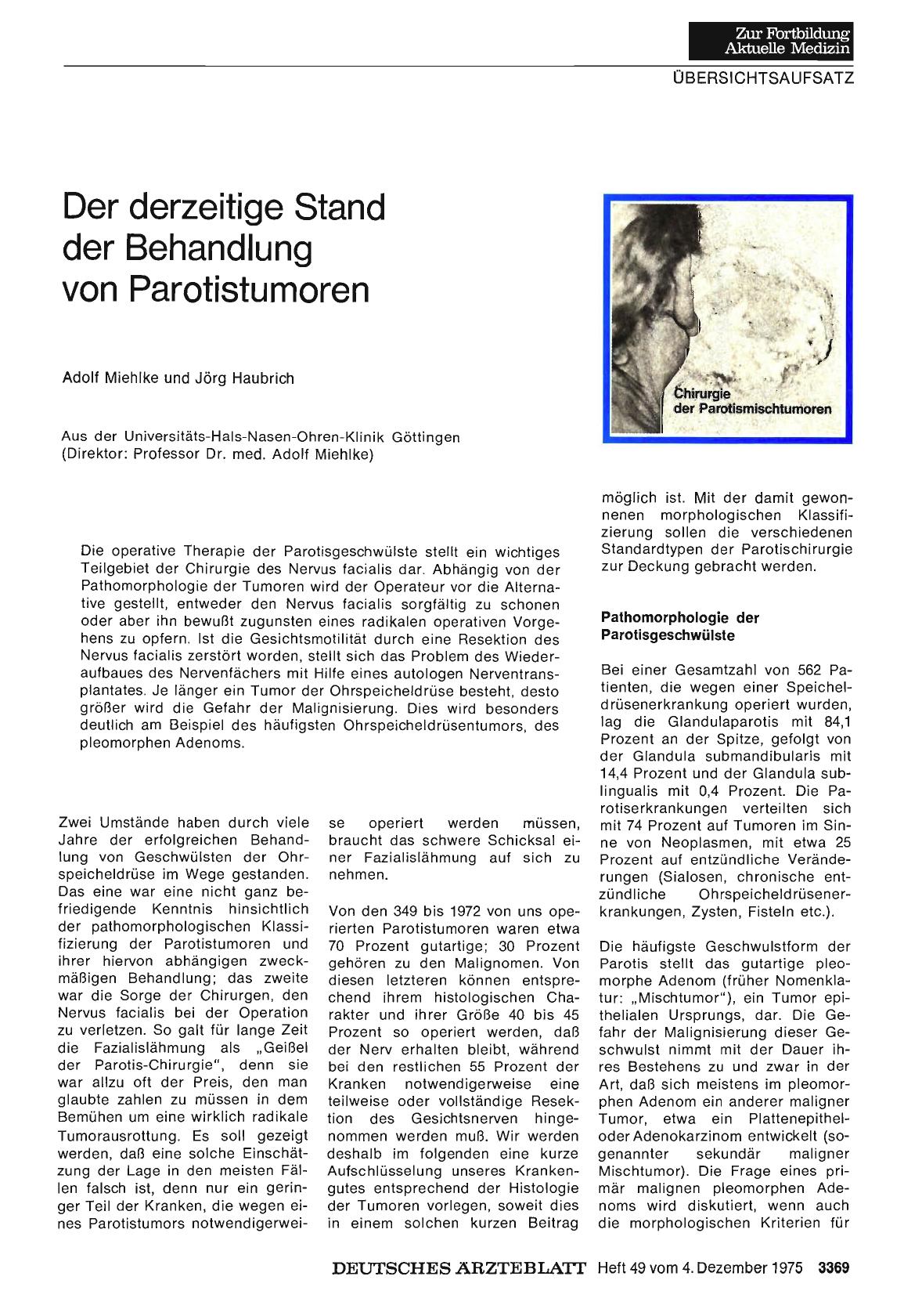 Vorschauseite 1: Der derzeitige Stand der Behandlung von Parotistumoren