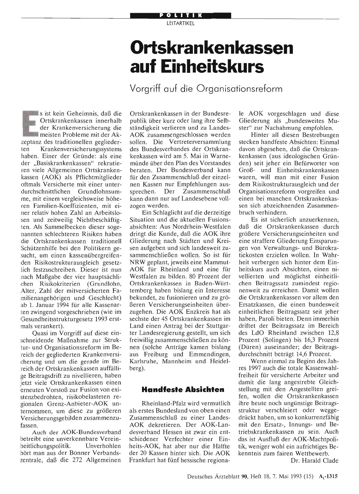 Vorschauseite 1: Ortskrankenkassen auf Einheitskurs
