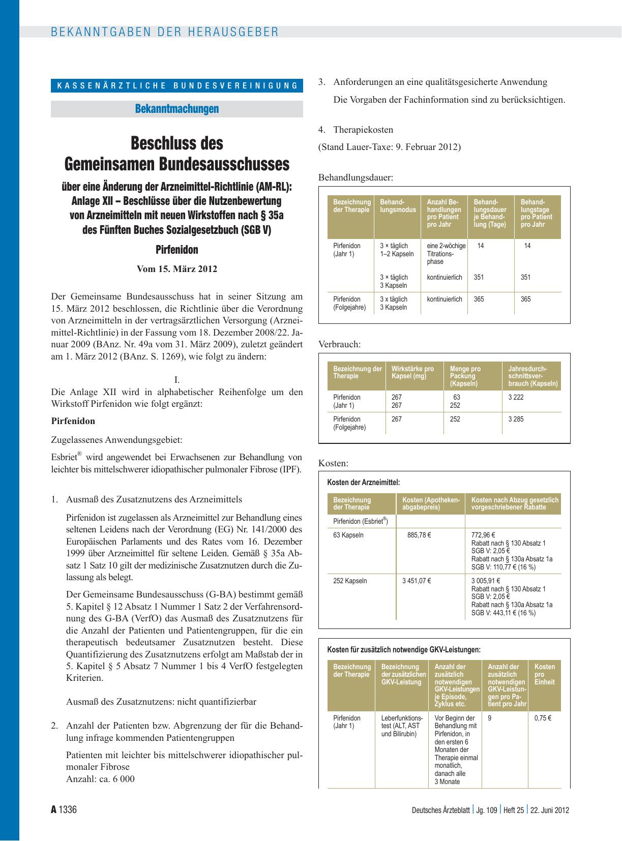 Vorschauseite 1: Beschluss des Gemeinsamen Bundesausschusses über eine Änderung der Arzneimittel-Richtlinie (AM-RL): Anlage XII – Beschlüsse über die Nutzenbewertung von Arzneimitteln mit neuen Wi…