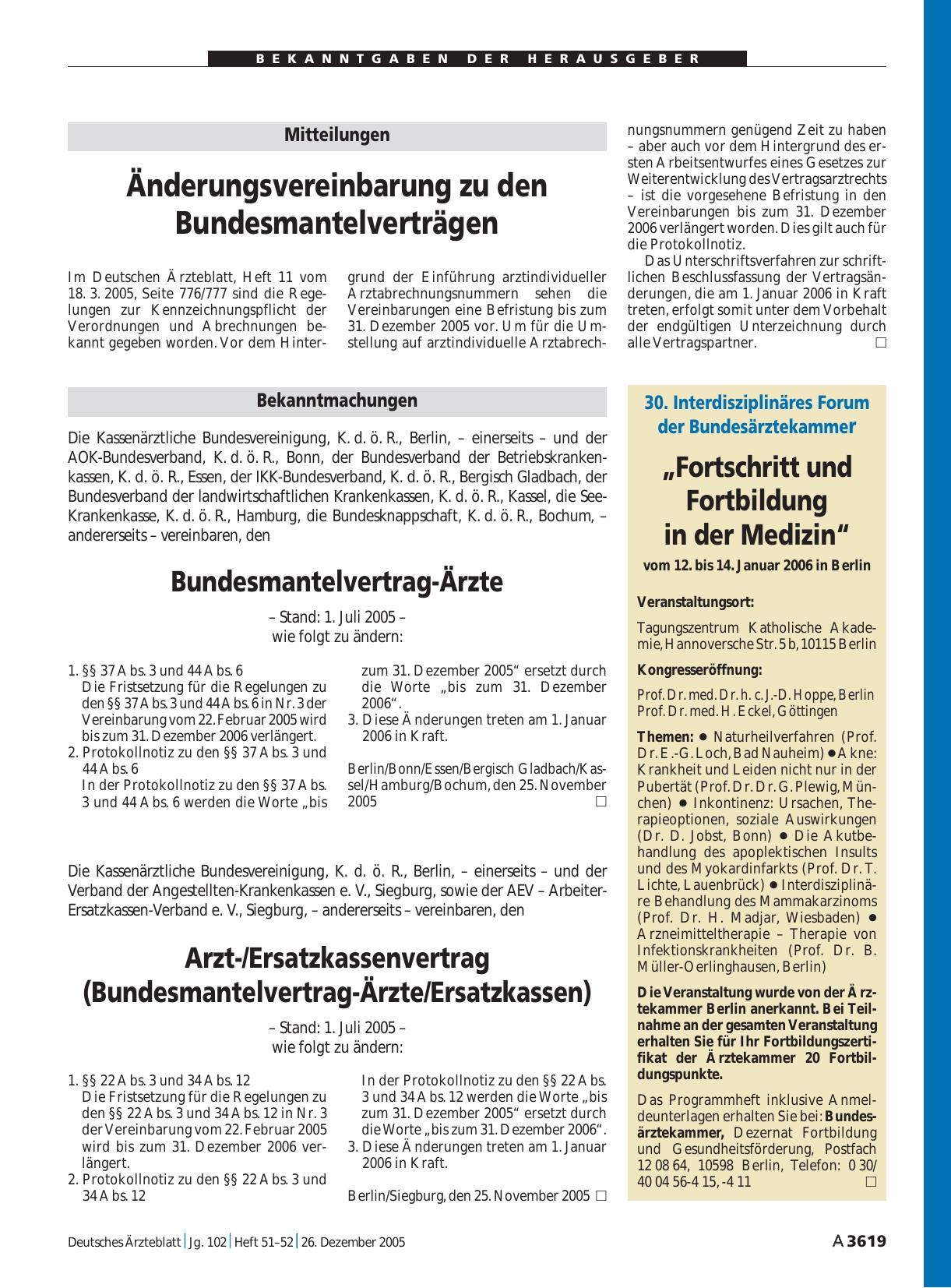 Vorschauseite 1: 30. Interdisziplinäres Forum der Bundesärztekammer „Fortschritt und Fortbildung in der Medizin“ vom 12. bis 14. Januar 2006 in Berlin