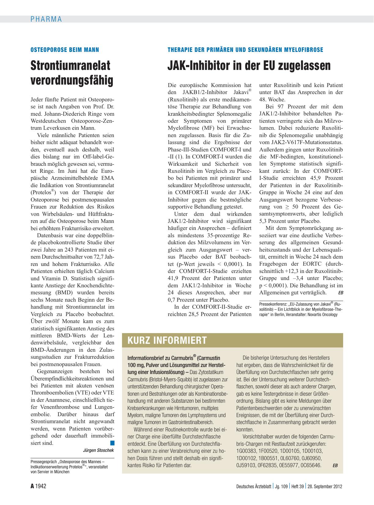 Vorschauseite 1: Osteoporose beim Mann: Strontiumranelat verordnungsfähig