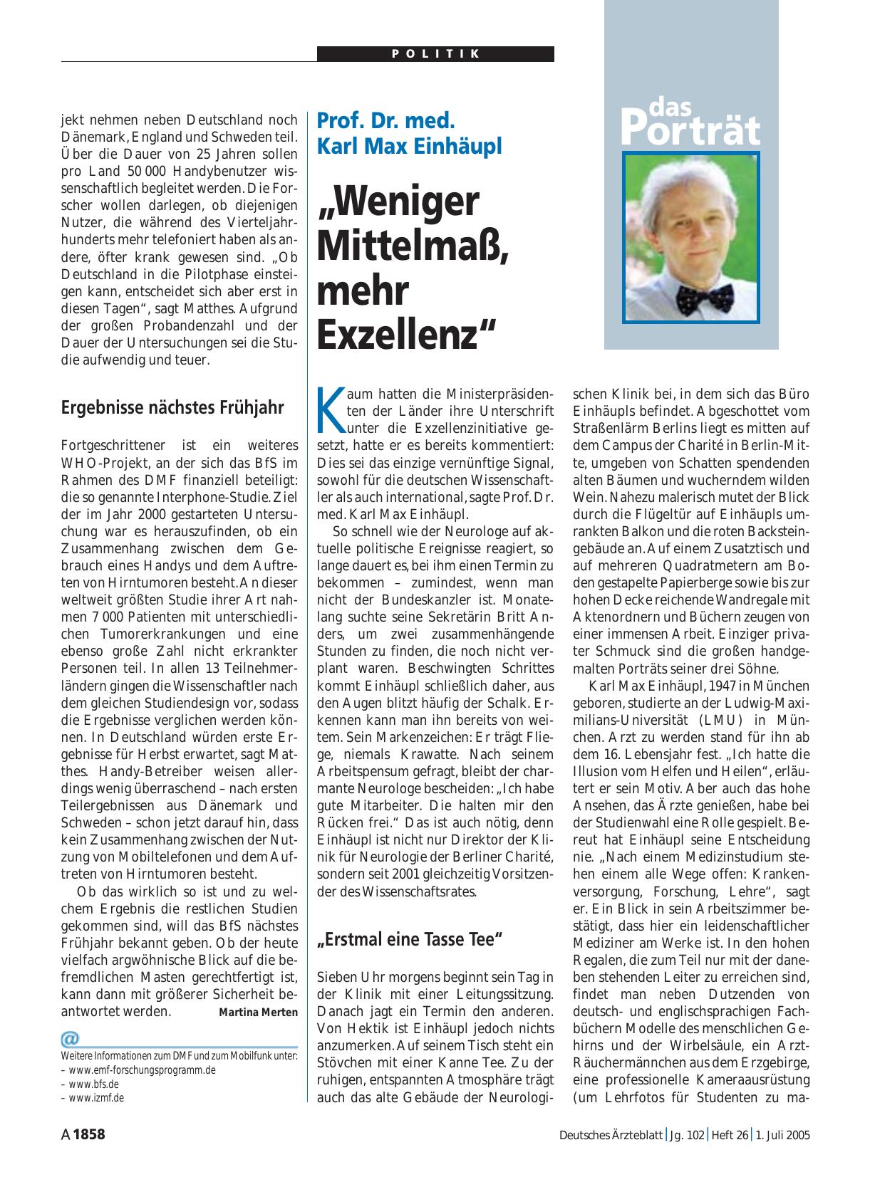 Vorschauseite 1: Prof. Dr. med. Karl Max Einhäupl: „Weniger Mittelmaß, mehr Exzellenz“