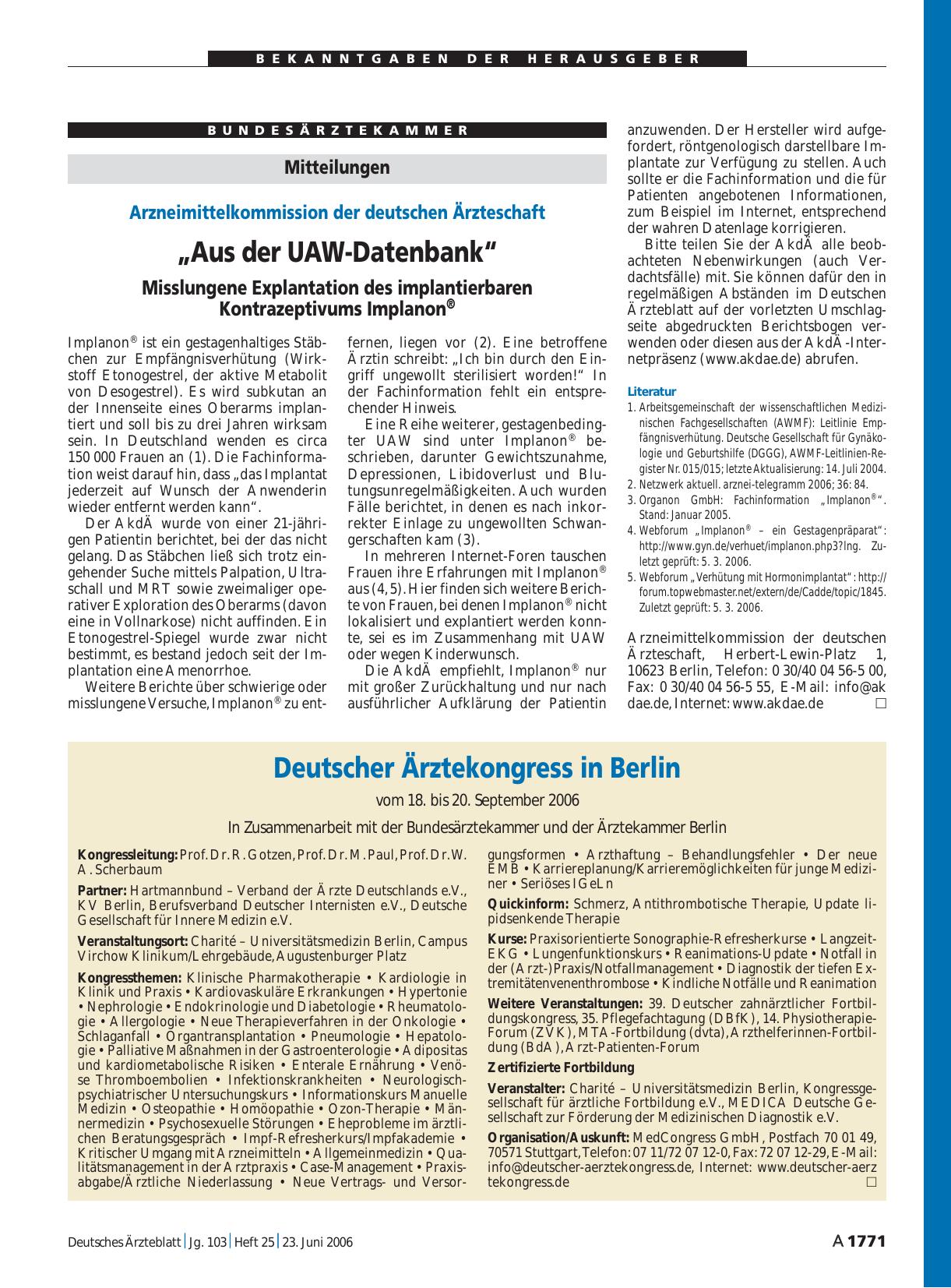 Vorschauseite 1: „Aus der UAW-Datenbank“: Misslungene Explantation des implantierbaren Kontrazeptivums Implanon®
