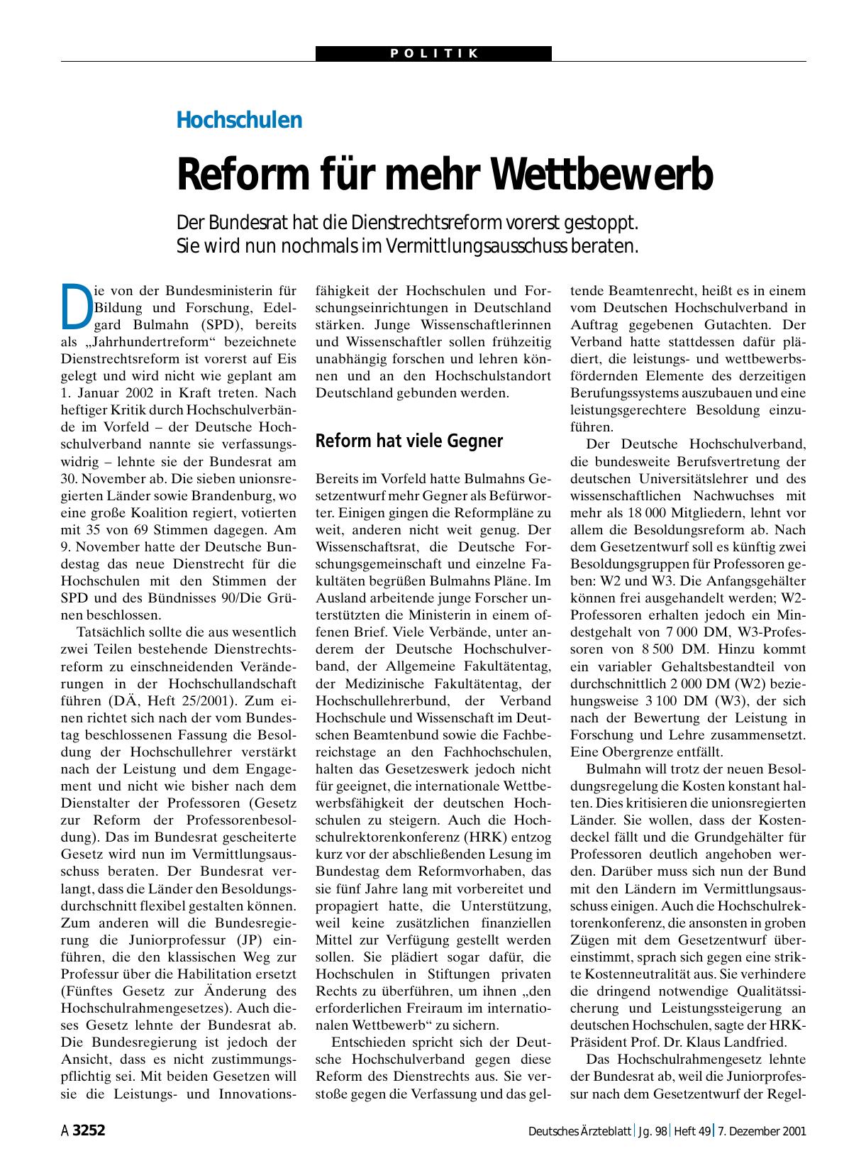 Vorschauseite 1: Hochschulen: Reform für mehr Wettbewerb