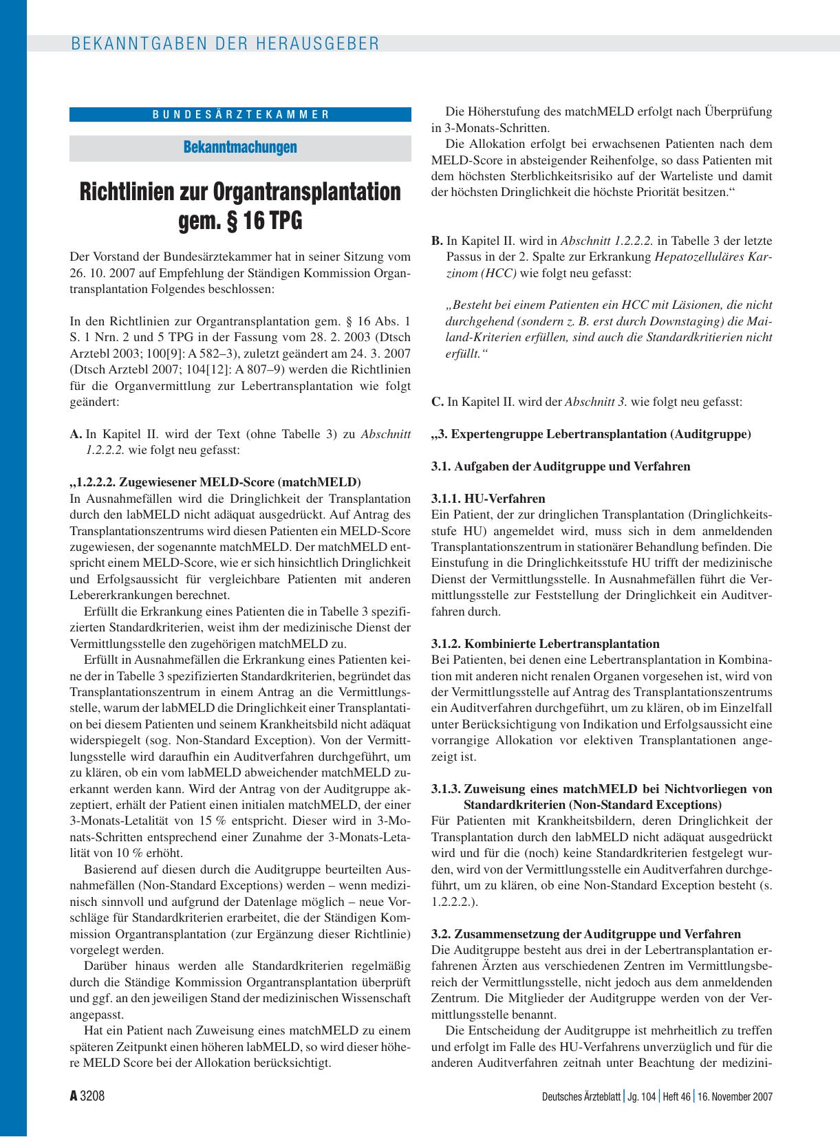 Vorschauseite 1: Bekanntmachungen: Richtlinien zur Organtransplantation gem. § 16 TPG